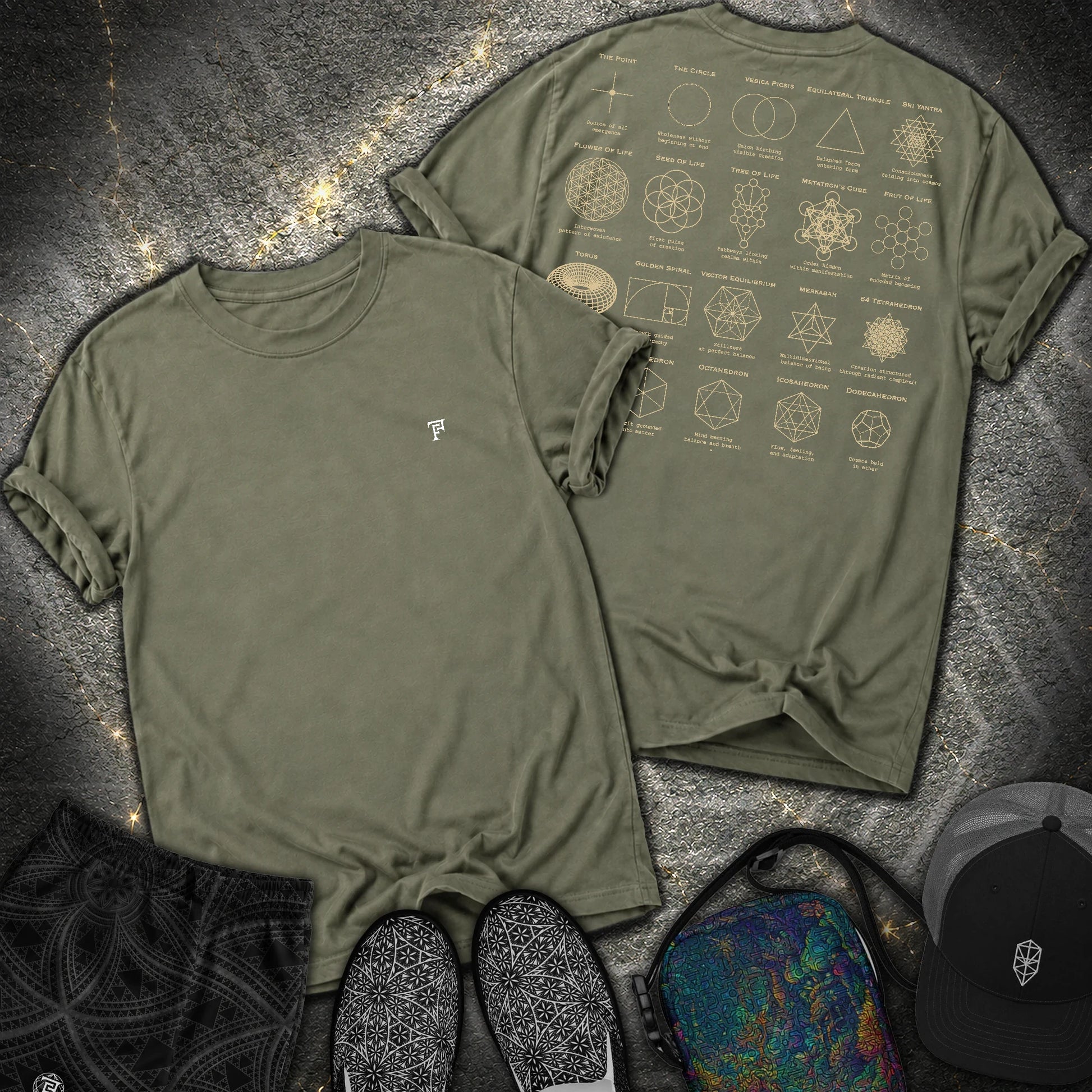 Sacred Geometry Figures Back Print 2 Sided Comfort T-Shirt - Sacred Geometry Figures Back Print 2 Sided Comfort T-Shirt - Sage