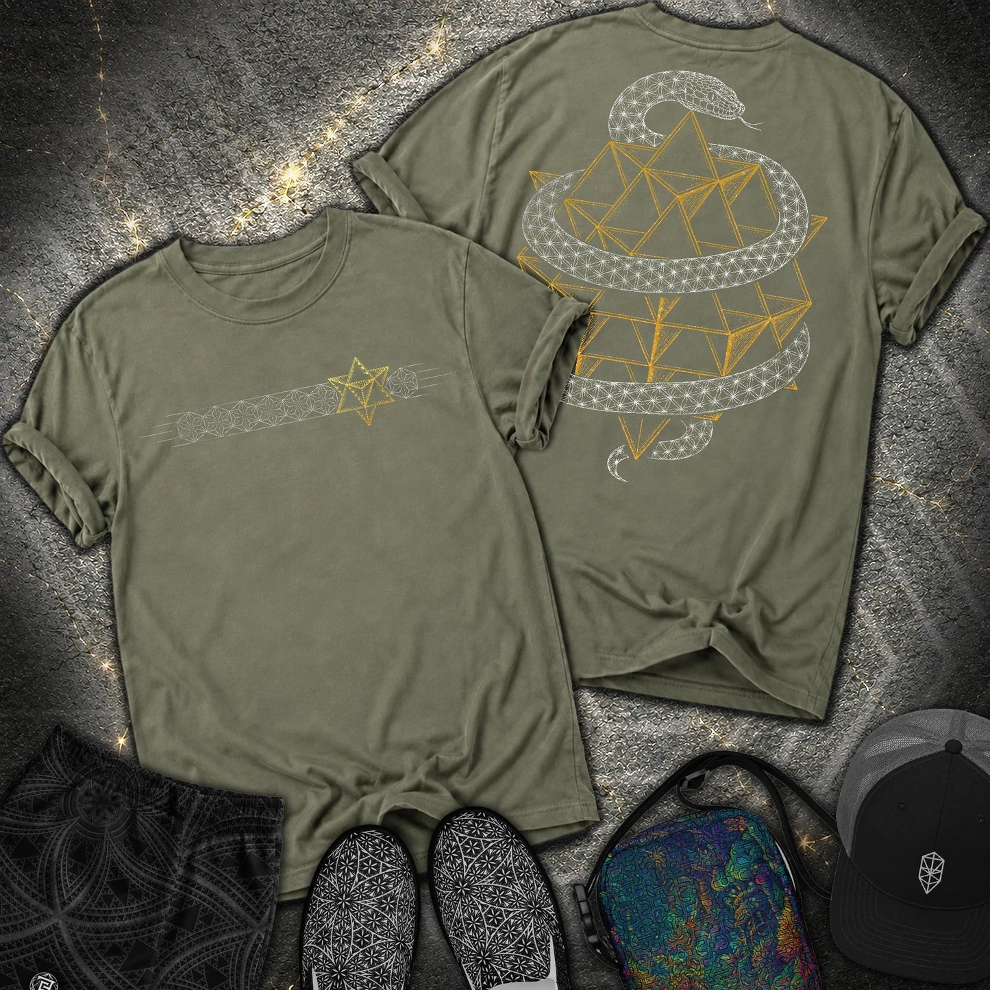 Serpent Tetrahedron Merkaba Geometry - Serpent Tetrahedron Merkaba Geometry 2 Sided Comfort T-Shirt - Sage