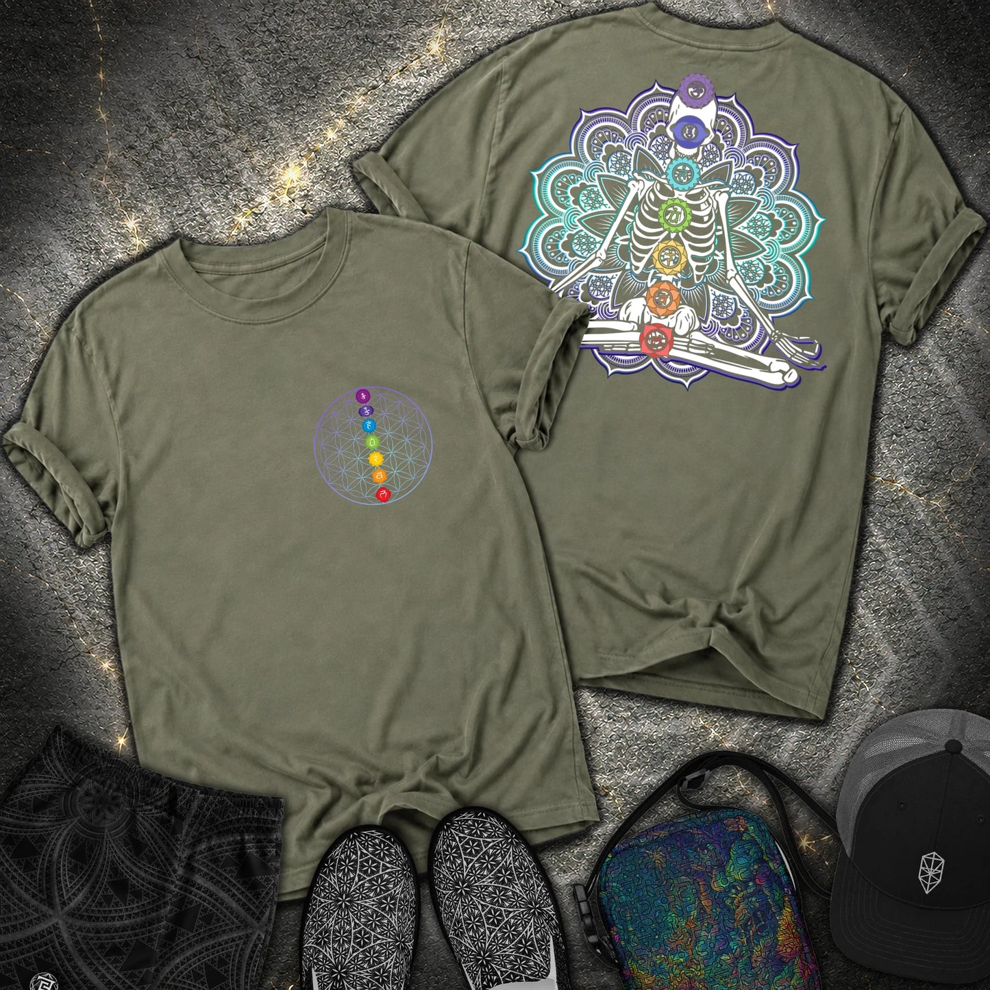 We Are One Meditating Skeleton 2 Sided T-Shirt - We Are One Meditating Skeleton 2 Sided Comfort T-Shirt - Sage