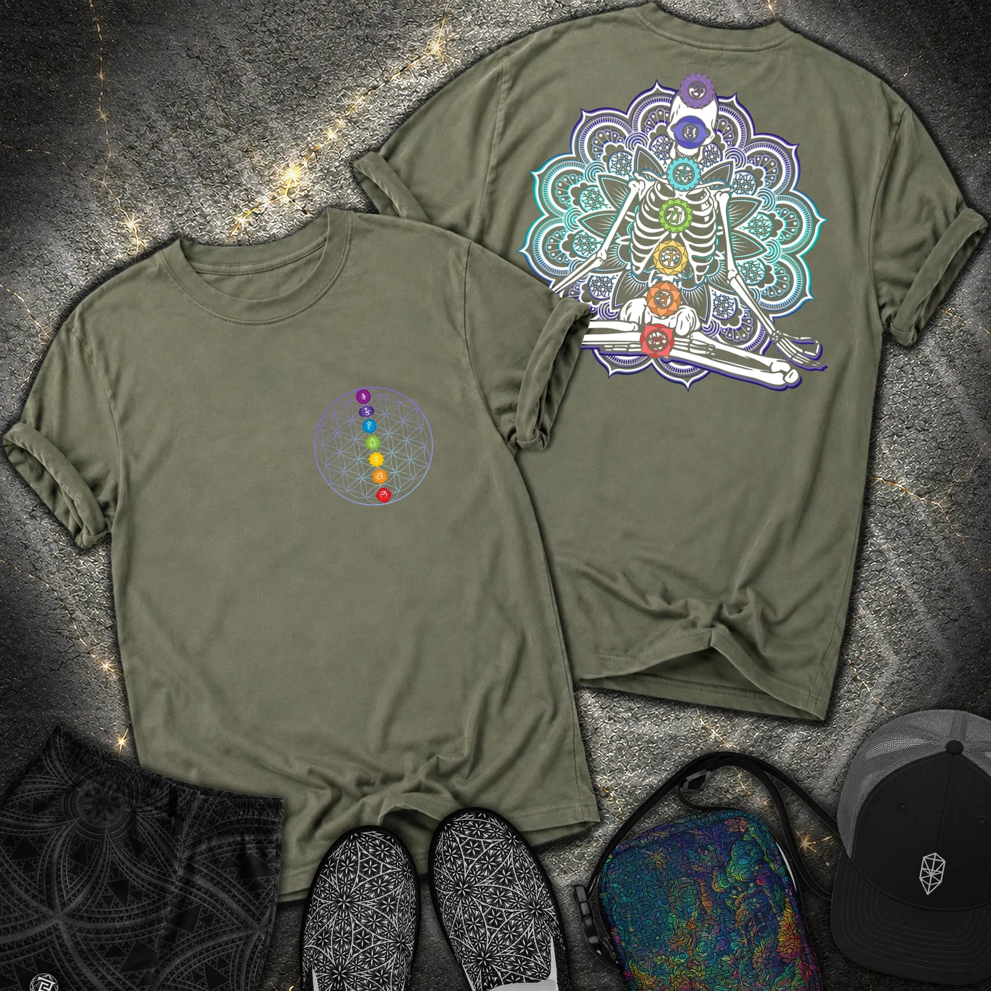 We Are One Meditating Skeleton 2 Sided T-Shirt - We Are One Meditating Skeleton 2 Sided Comfort T-Shirt - Sage