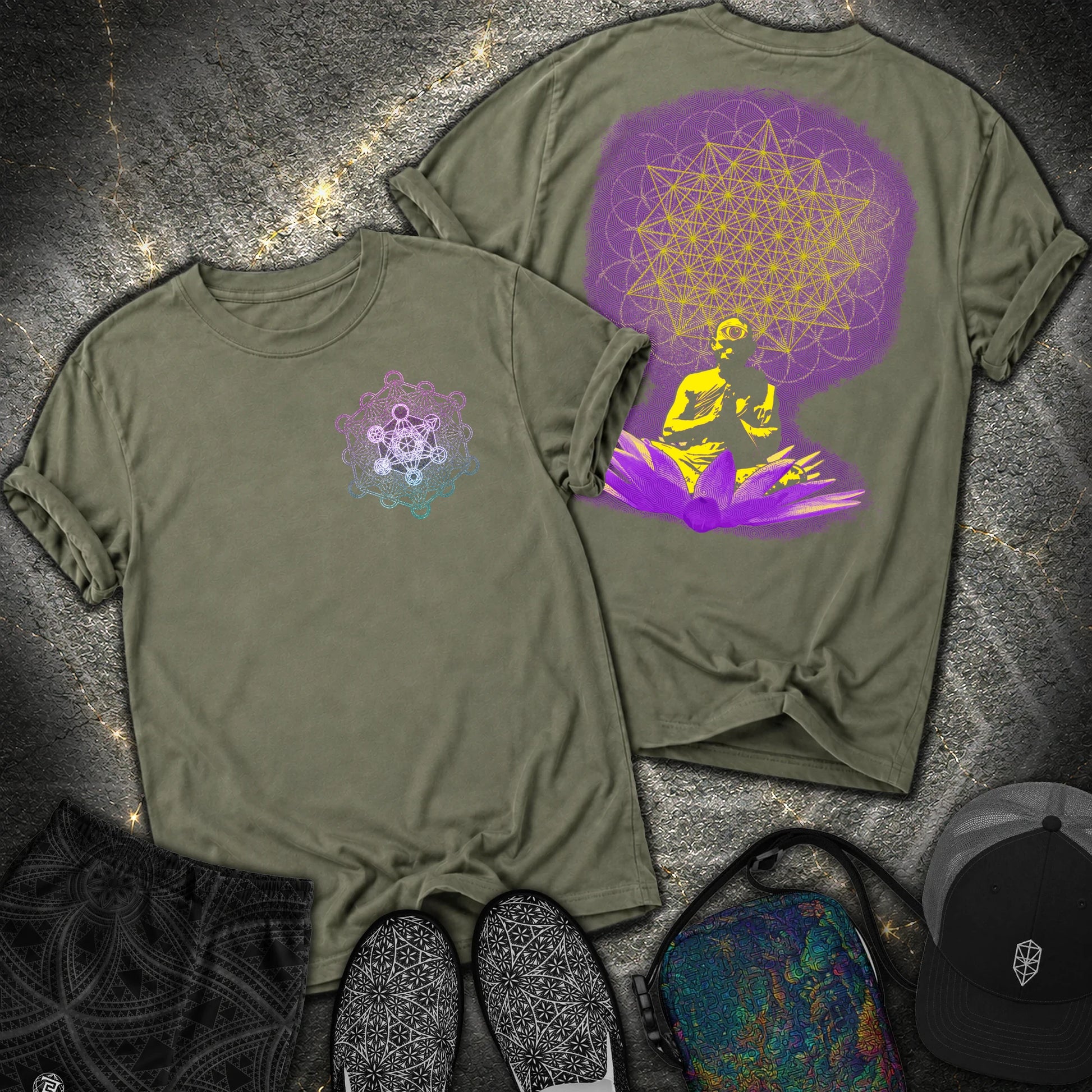 Meditating Monk Tetrahedron Metatron 2 Sided Comfort T-Shirt - Meditating Monk Tetrahedron Metatron 2 Sided Comfort T-Shirt - Sage