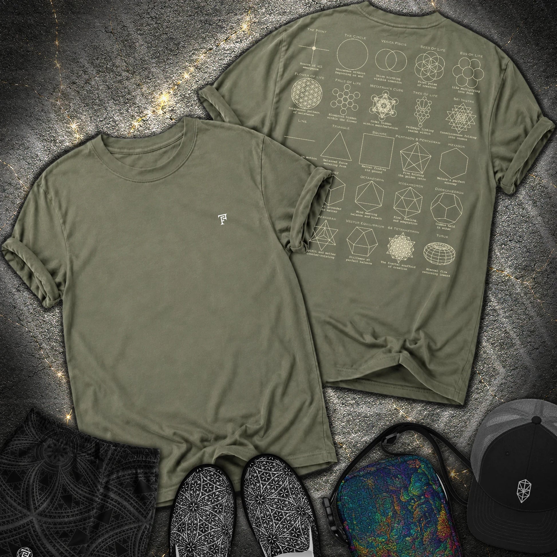 Sacred Geometry Figures Back Print 2 Sided Comfort T-Shirt - Sacred Geometry Figures Back Print 2 Sided Comfort T-Shirt - Sage