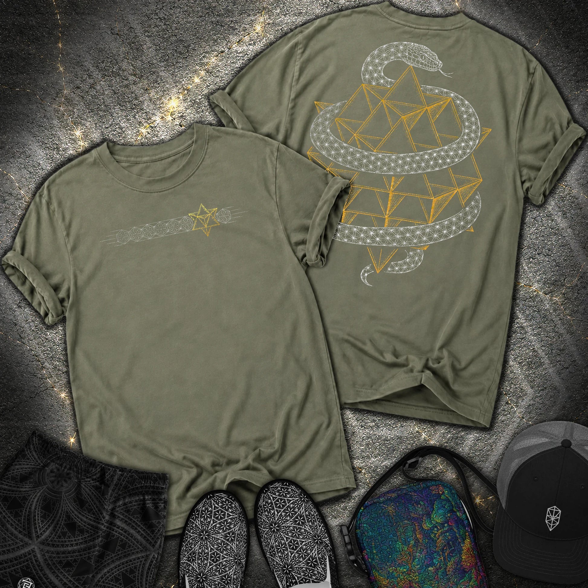 Serpent Tetrahedron Merkaba Geometry 2 Sided Comfort T-Shirt - Serpent Tetrahedron Merkaba Geometry 2 Sided Comfort T-Shirt - Sage
