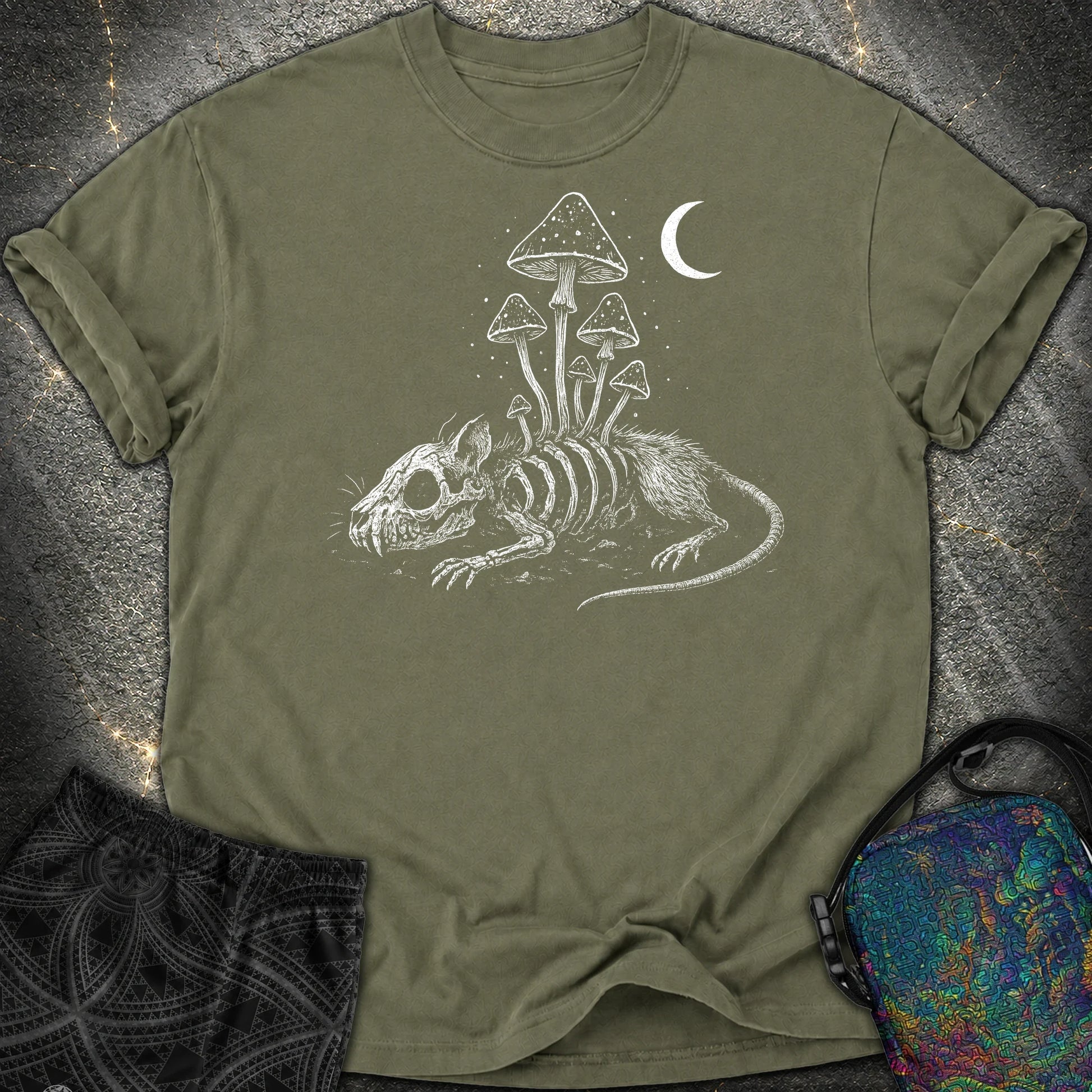 Rat Skeleton & Mushrooms Gothic Comfort T-Shirt - Rat Skeleton & Mushrooms Gothic Comfort T-Shirt - Sage