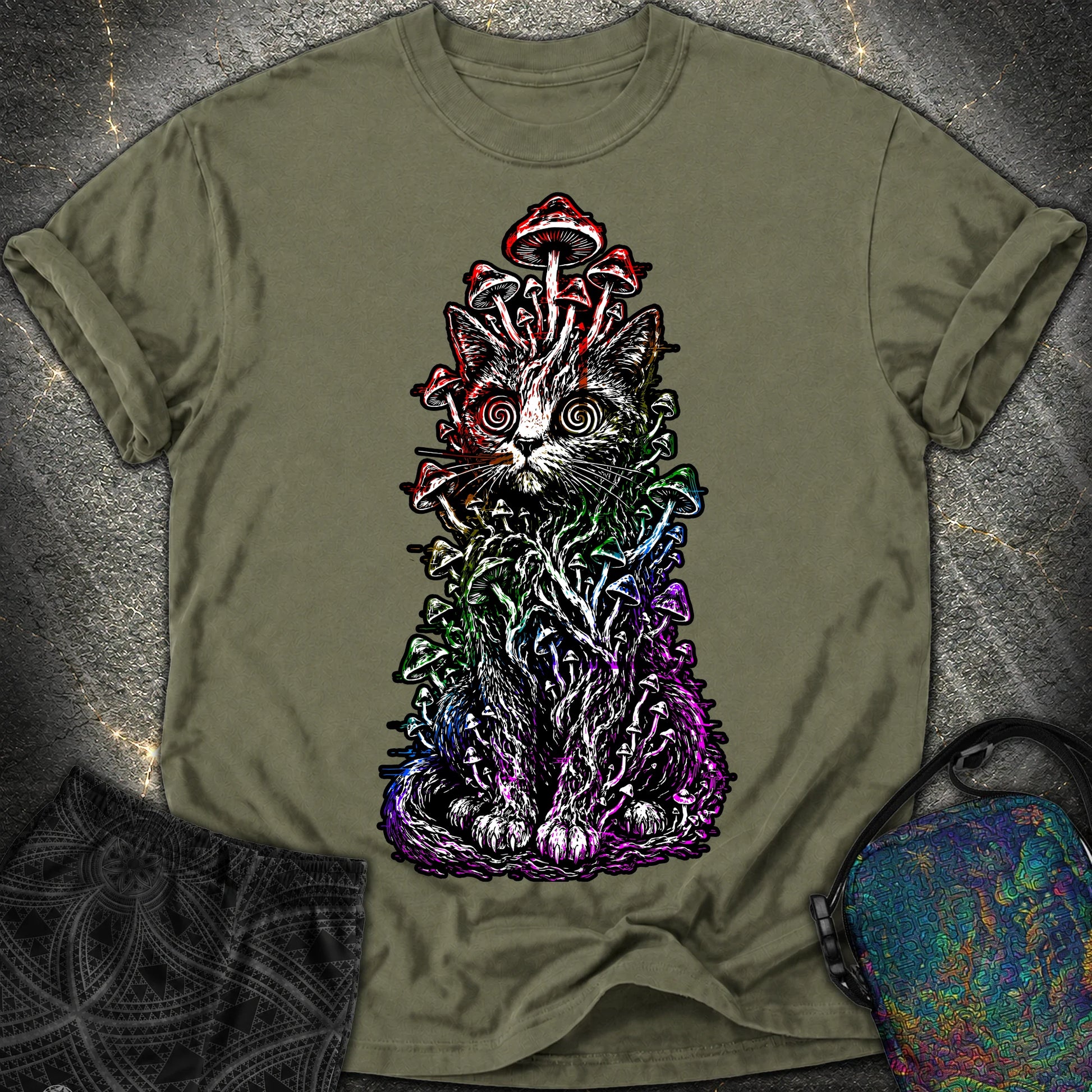 Trippy Mushroom Cat Comfort T-Shirt - Trippy Mushroom Cat Comfort T-Shirt - Sage