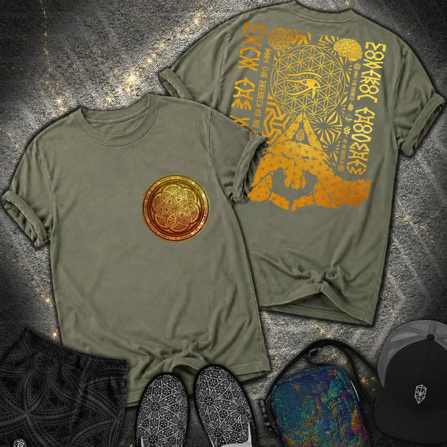 Kalesvara Mudra Seed Of Life 2 Sided T-Shirt - Kalesvara Mudra Seed Of Life 2 Sided Comfort T-Shirt - Sage
