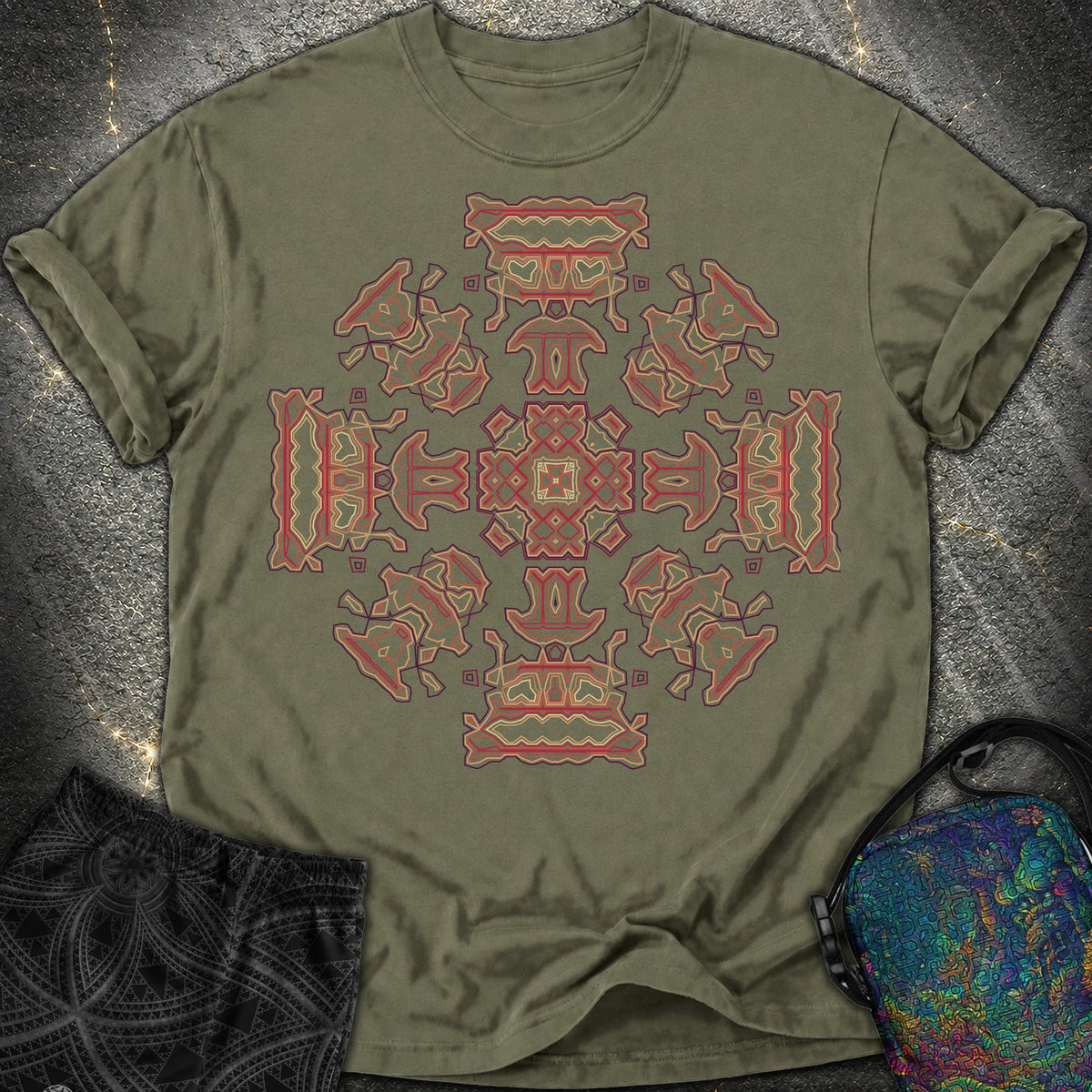 Shamanic Faces Geometric Comfort T-Shirt - Shamanic Faces Geometric Comfort T-Shirt - Sage