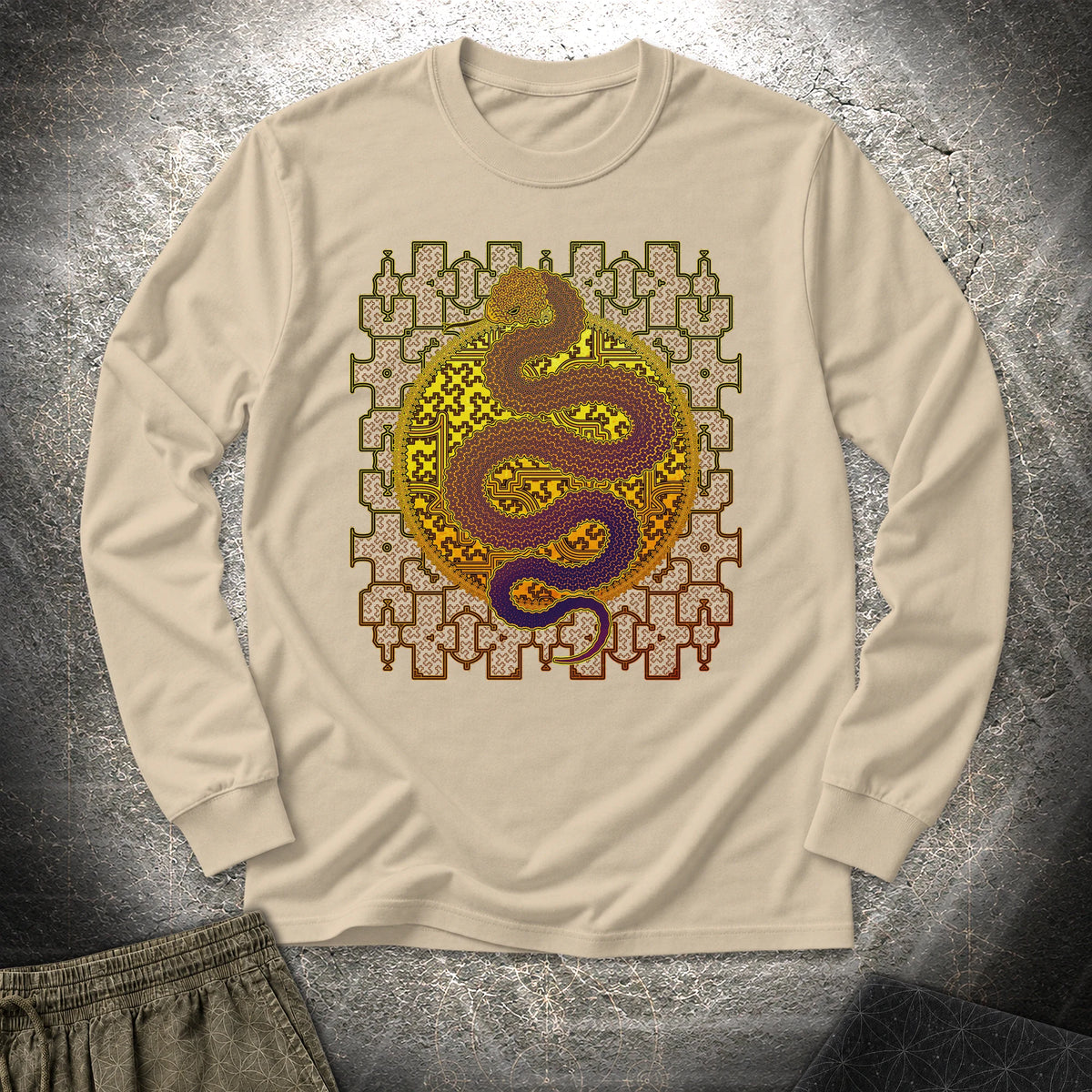 Shipibo Kene Cosmic Snake - Shipibo Kene Cosmic Snake Long Sleeve Shirt - Sand