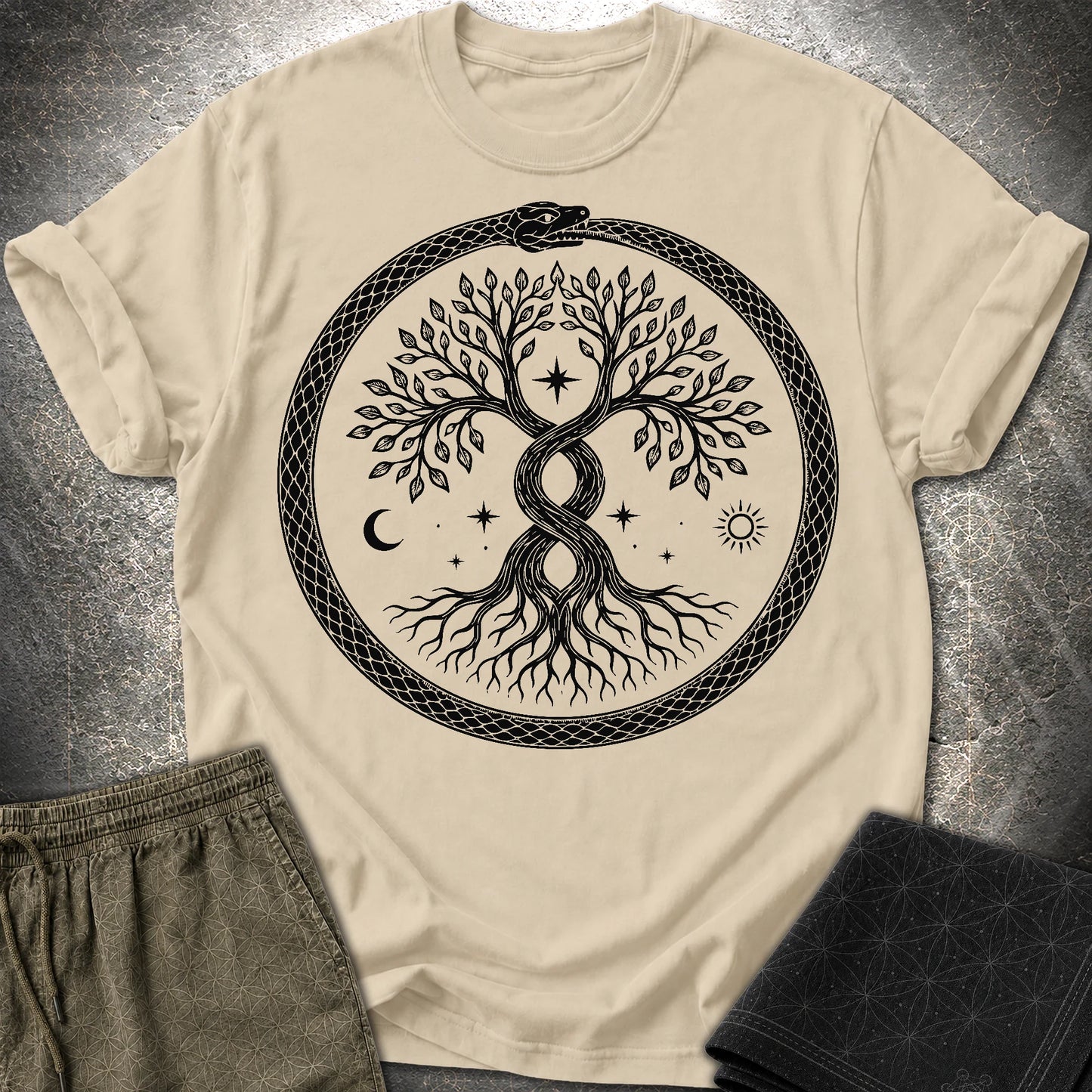 888 Ouroboros Tree T-Shirt - 888 Ouroboros Tree T-Shirt - Sand