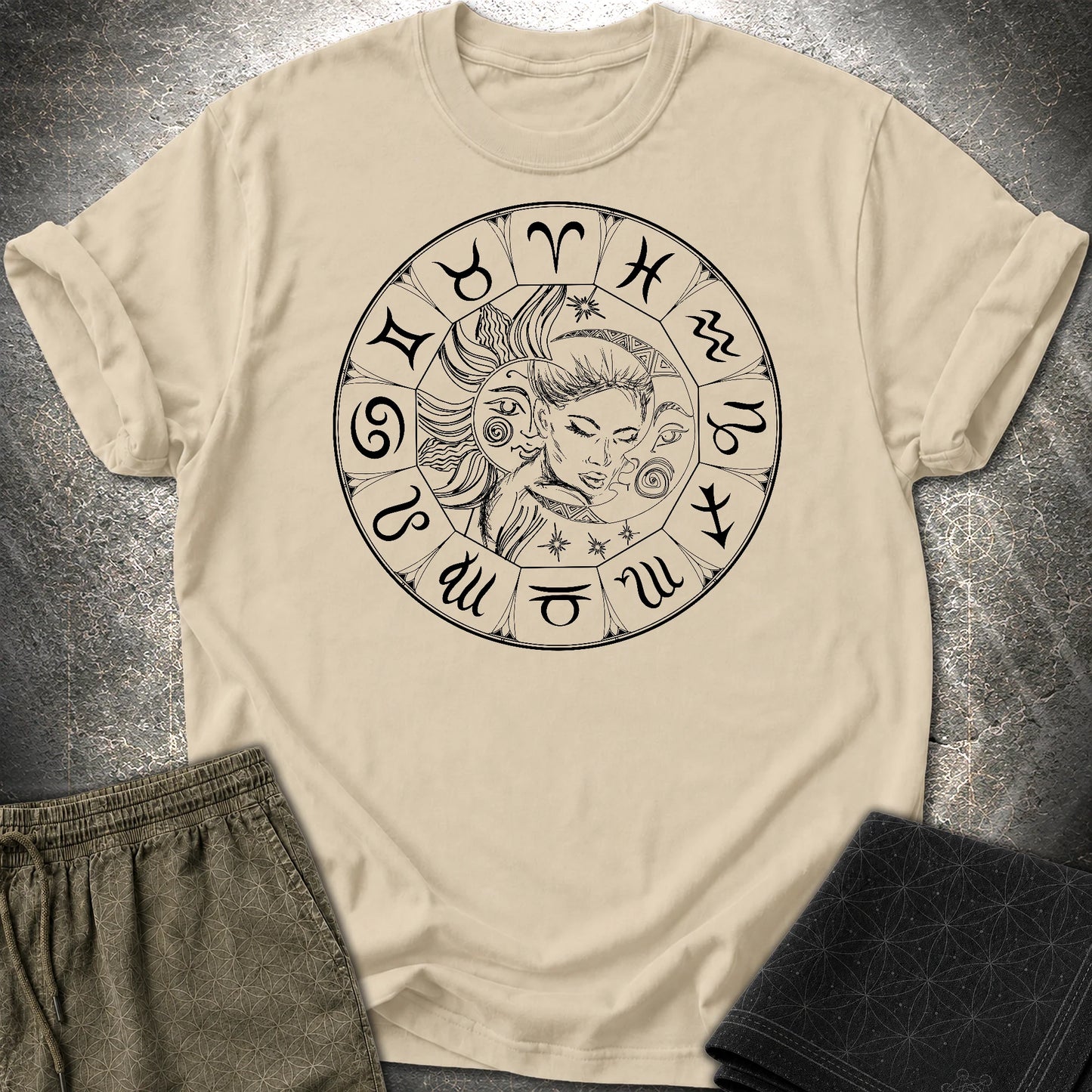 Sun Moon Zodiac T-Shirt - Sun Moon Zodiac T-Shirt - Sand