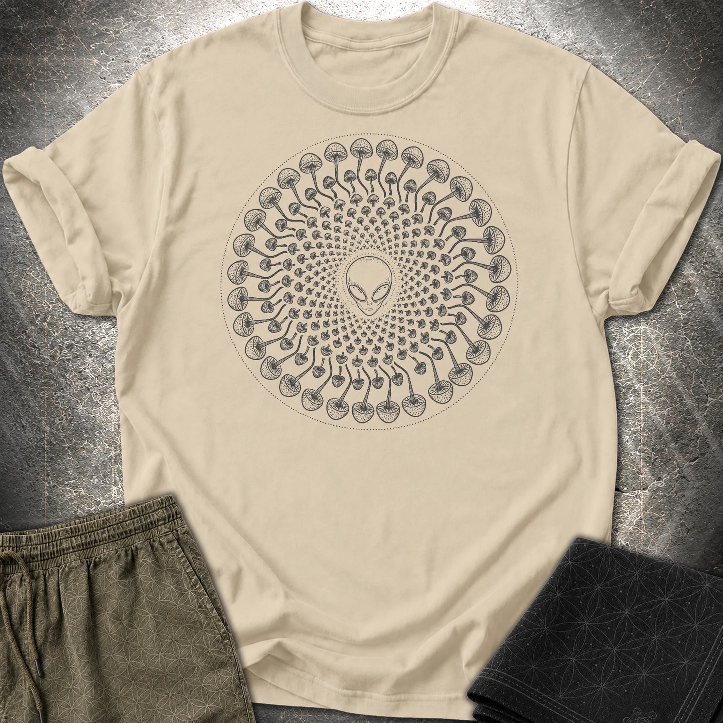 Alien Mushroom Spiral T-Shirt - Alien Mushroom Spiral T-Shirt - Sand