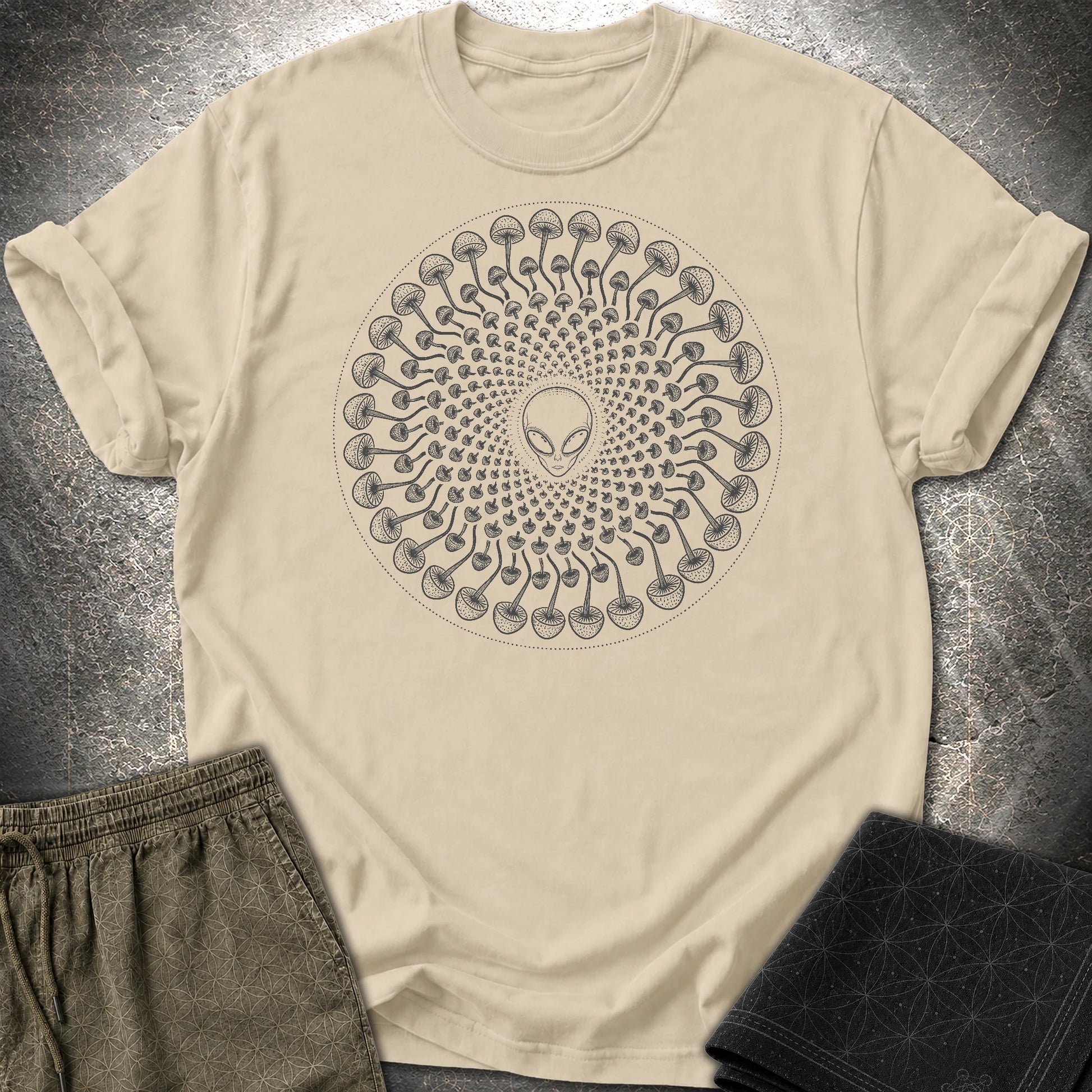 Alien Mushroom Spiral T-Shirt - Alien Mushroom Spiral T-Shirt - Sand