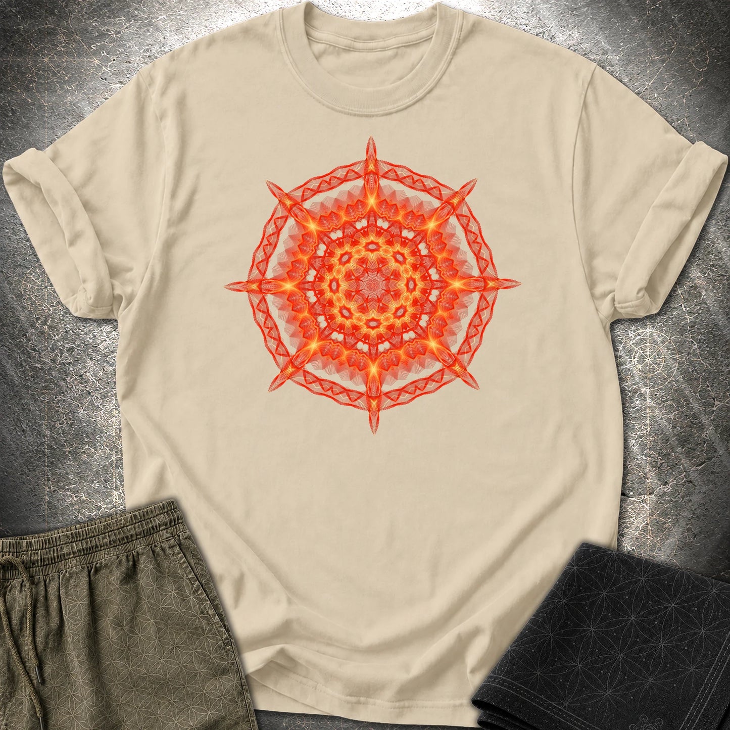 Radiant Geometry Portal Mandala - Radiant Geometry Portal Mandala T-Shirt - Sand