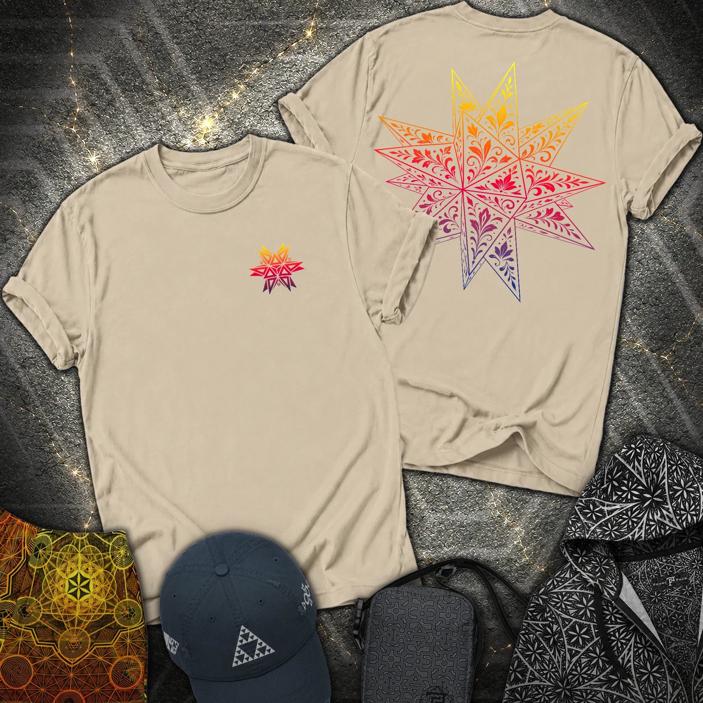 Colorful Stellated Dodecahedron 2 Sided T-Shirt - Colorful Stellated Dodecahedron 2 Sided T-Shirt - Sand