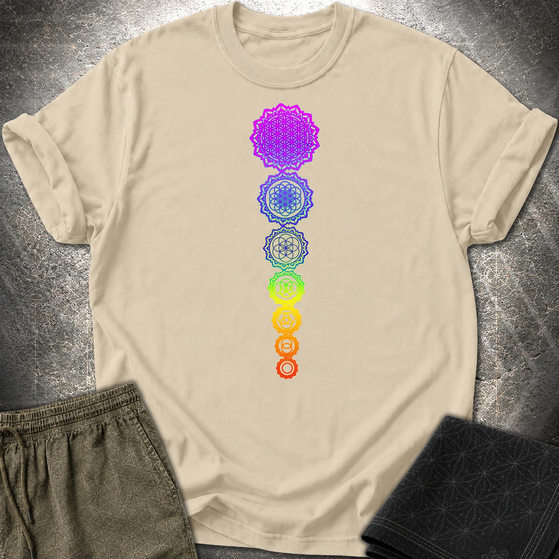 Flower Of Life Chakras T-Shirt - Flower Of Life Chakras T-Shirt - Sand