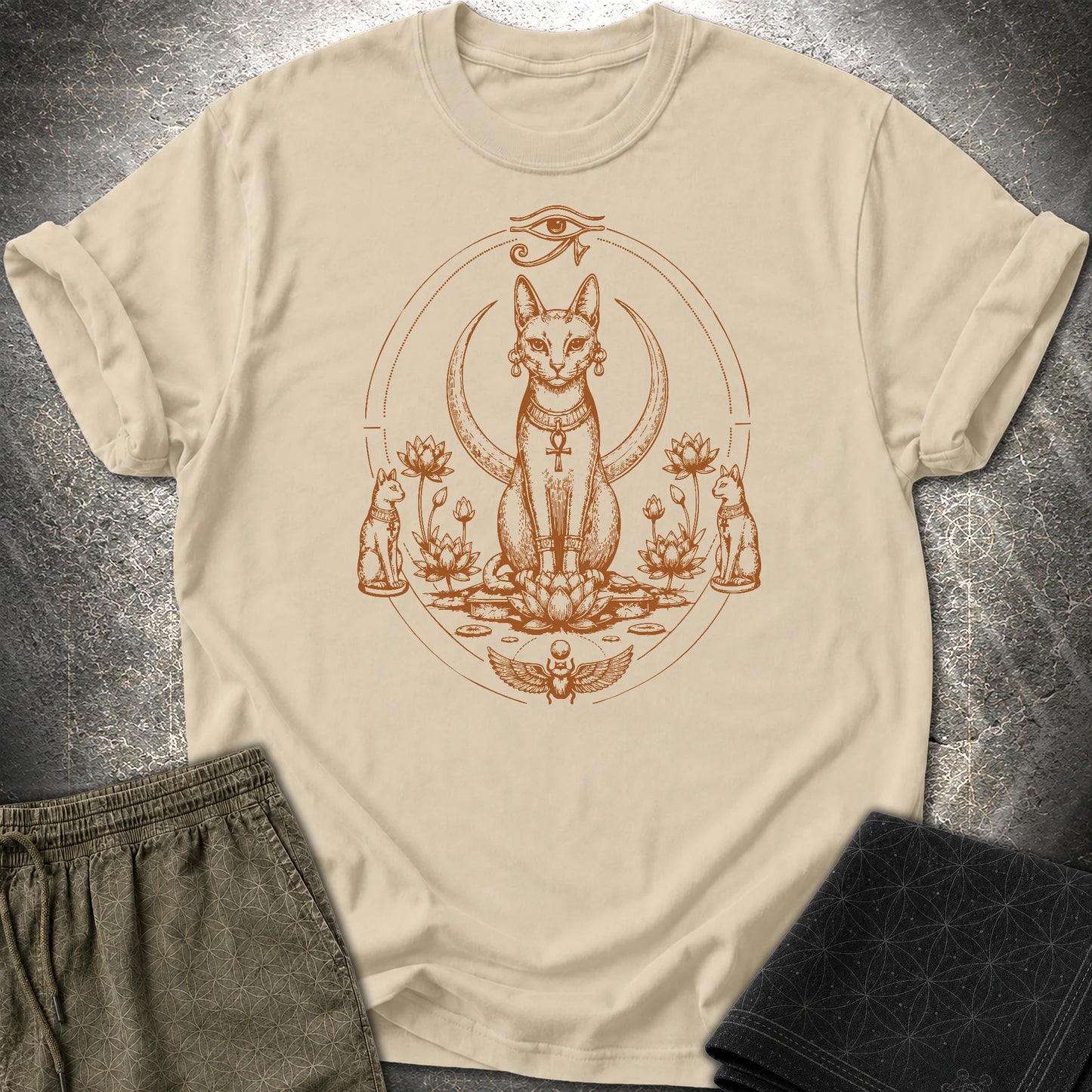 Sacred Cat Among Lotus Blooms - Sacred Cat Among Lotus Blooms T-Shirt - Sand