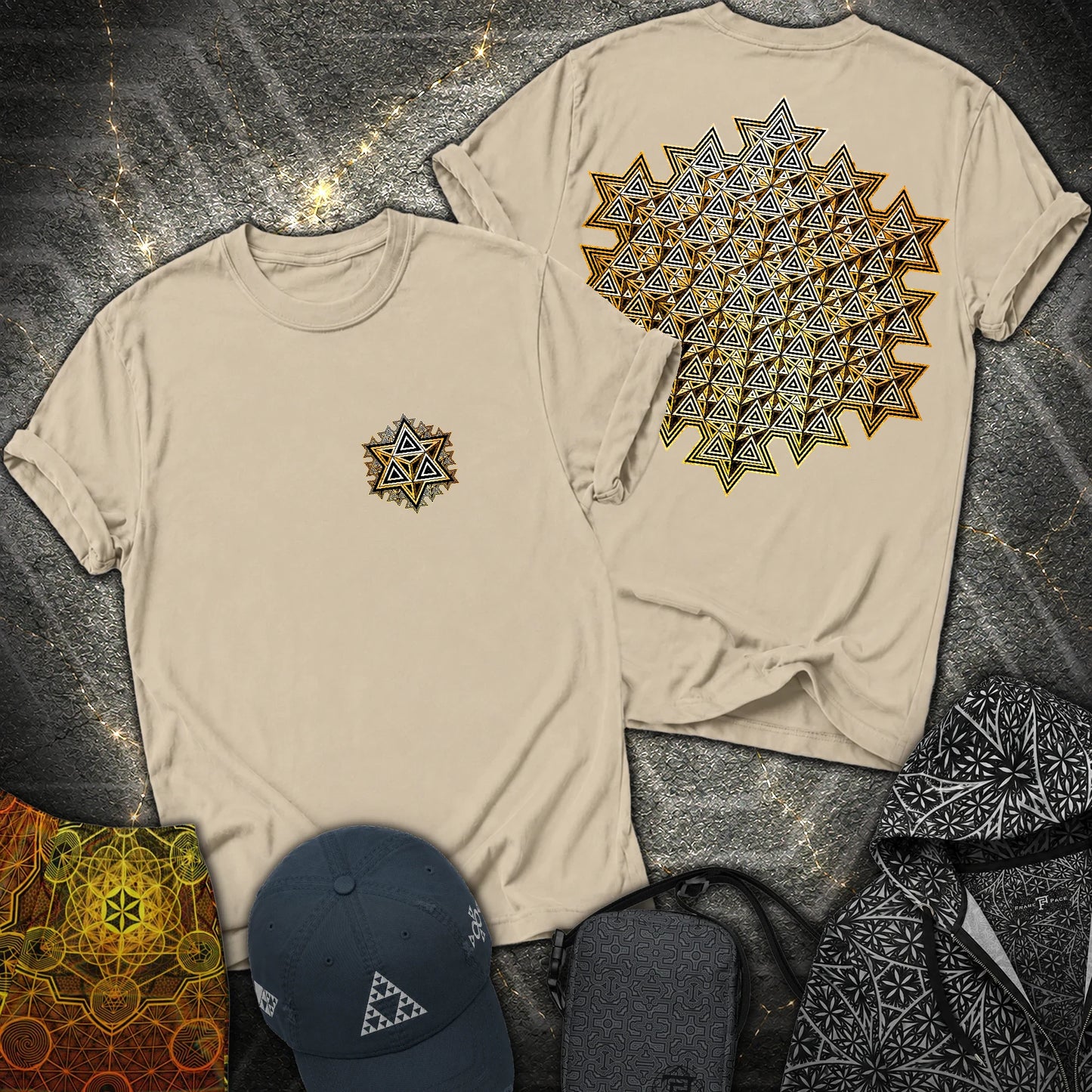 Sacred Gold Merkaba 2 Sided T-Shirt - Sacred Gold Merkaba 2 Sided T-Shirt - Sand
