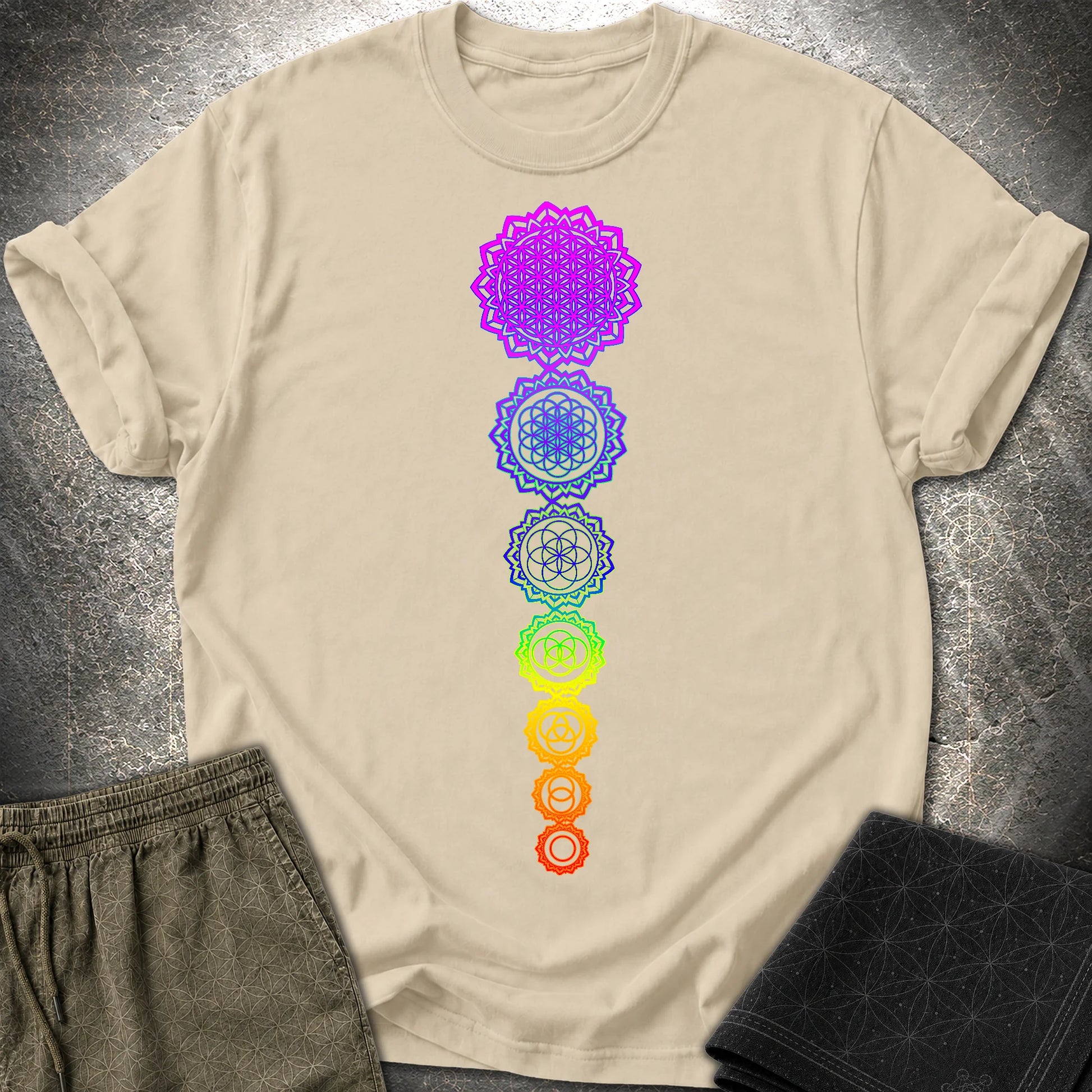 Flower Of Life Chakras T-Shirt - Flower Of Life Chakras T-Shirt - Sand