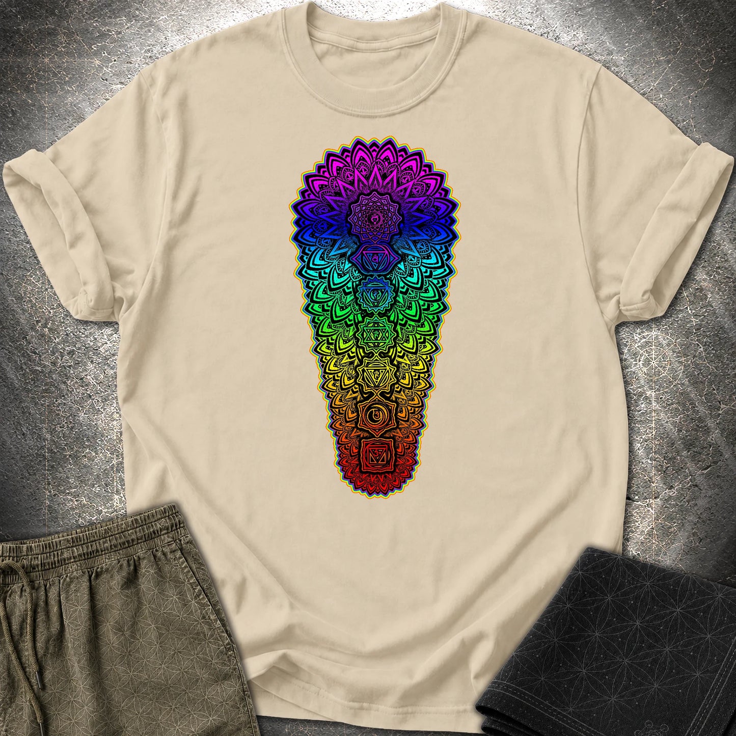Chakra Spectrum Grounding Grid T-Shirt - Chakra Spectrum Grounding Grid T-Shirt - Sand