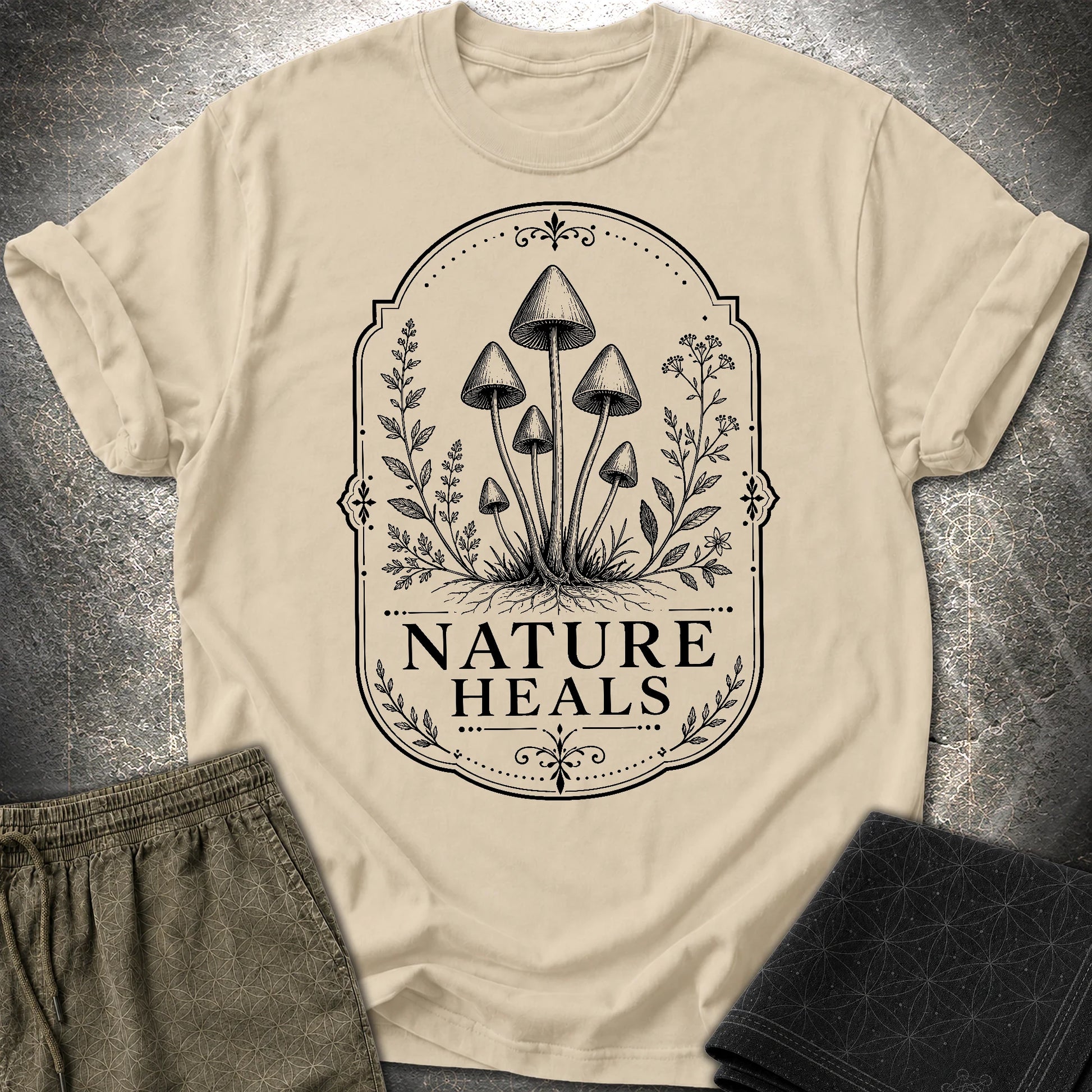 Nature Heals Botanical Fungi T-Shirt - Nature Heals Botanical Fungi T-Shirt - Sand