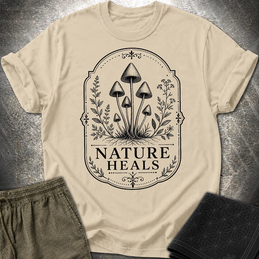 Nature Heals Botanical Fungi T-Shirt - Nature Heals Botanical Fungi T-Shirt - Sand