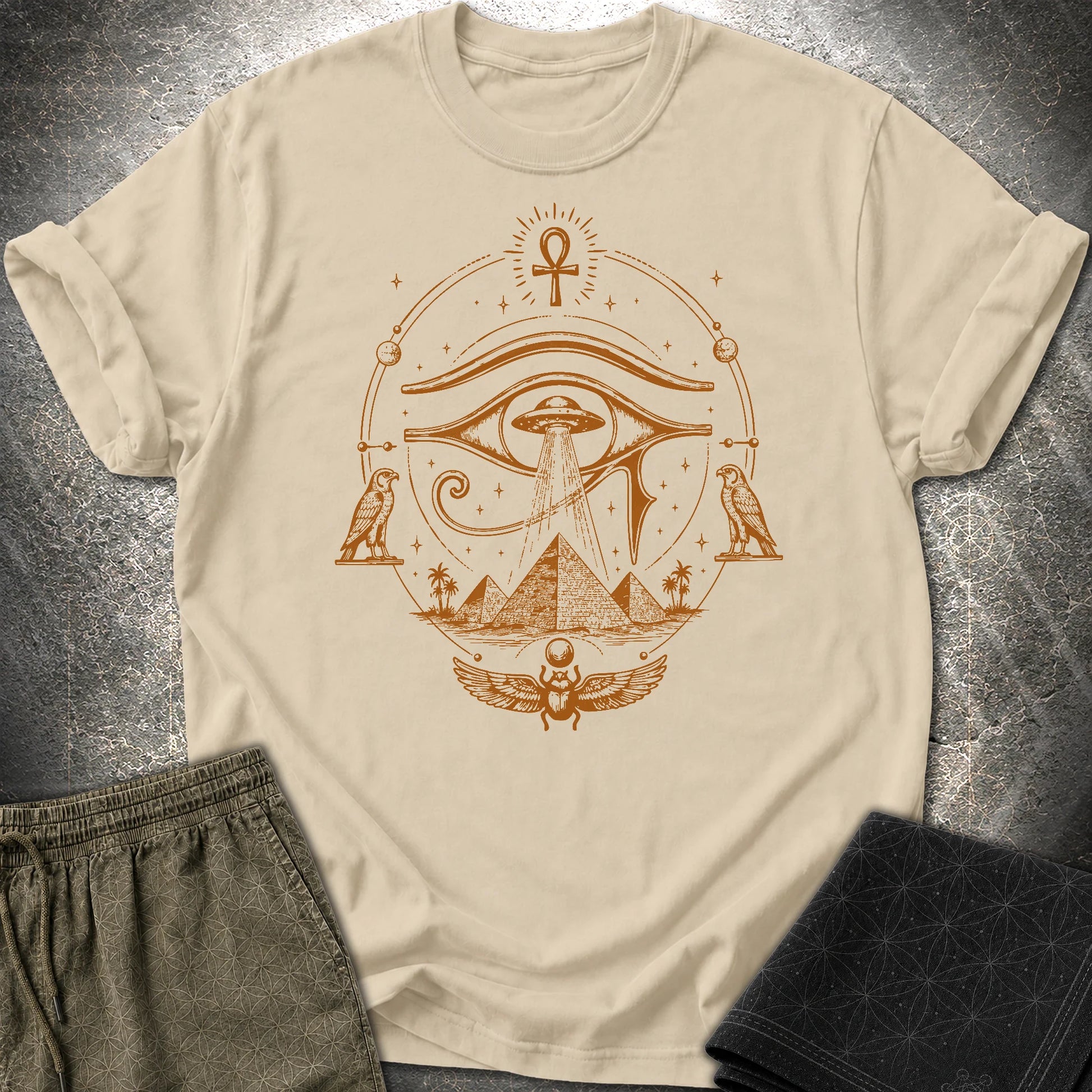 Ancient Eye Over Alien Pyramids - Ancient Eye Over Alien Pyramids T-Shirt - Sand