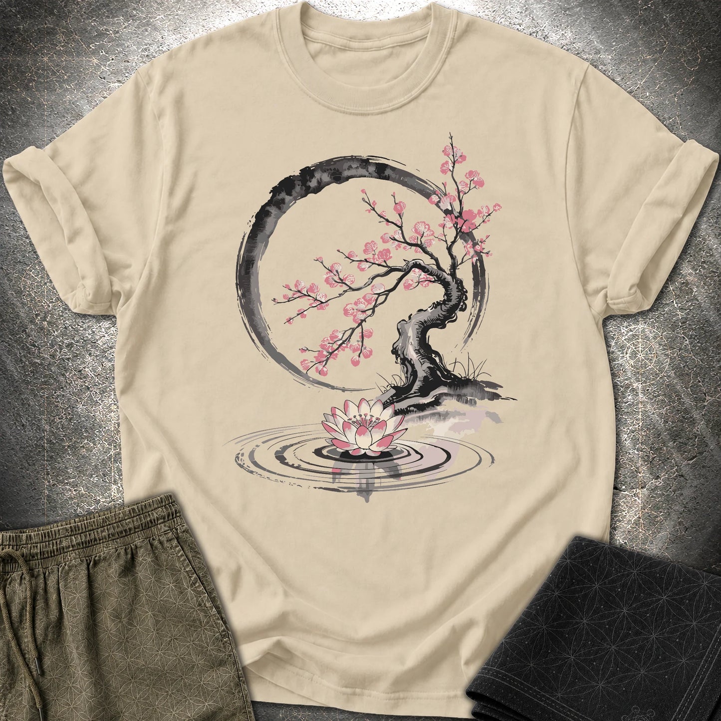 Cherry Blossom Lotus Zen T-shirt - Cherry Blossom Lotus Zen T-shirt - Sand