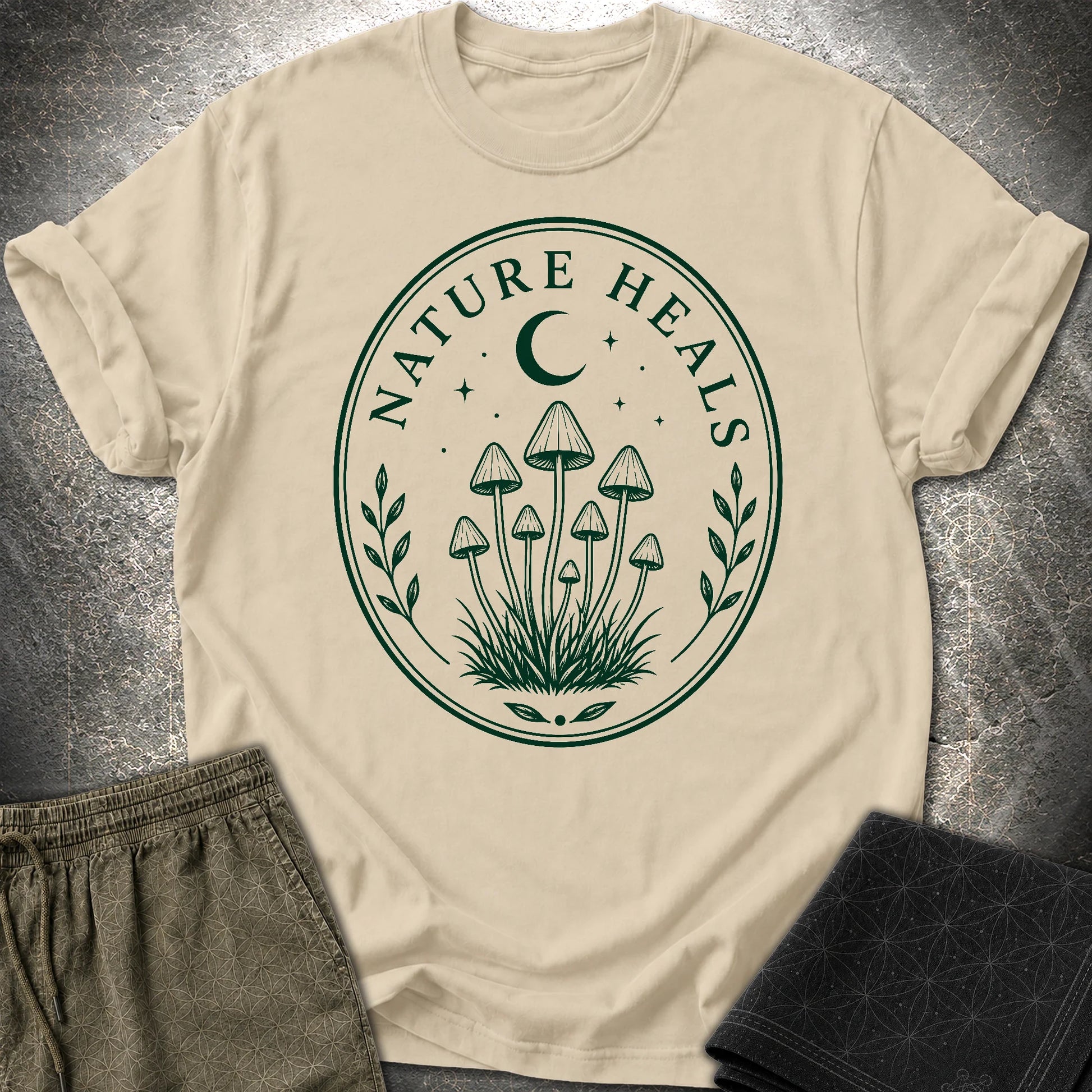 Nature Heals Mushroom T-Shirt - Nature Heals Mushroom T-Shirt - Sand