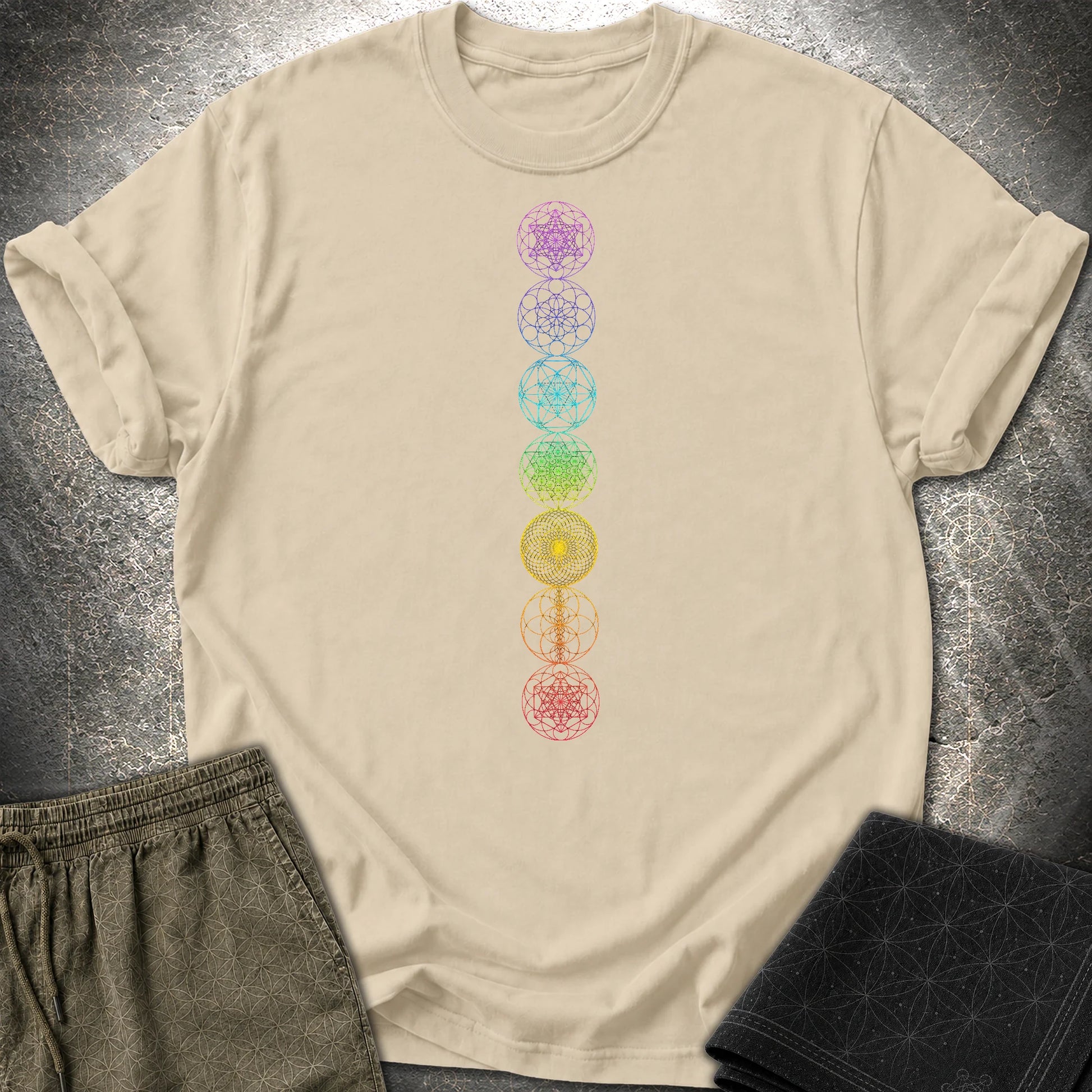 7 Sacred Geometry Chakras T-Shirt - 7 Sacred Geometry Chakras T-Shirt - Sand