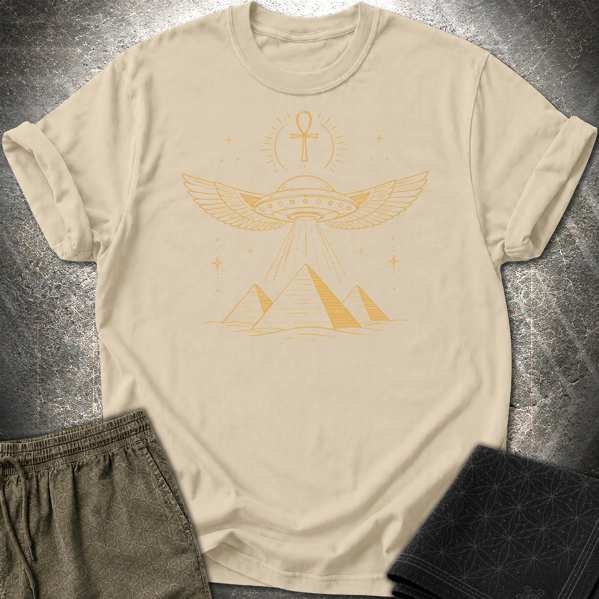 Winged Starship Over the Pyramids - Winged Starship Over the Pyramids T-Shirt - Sand