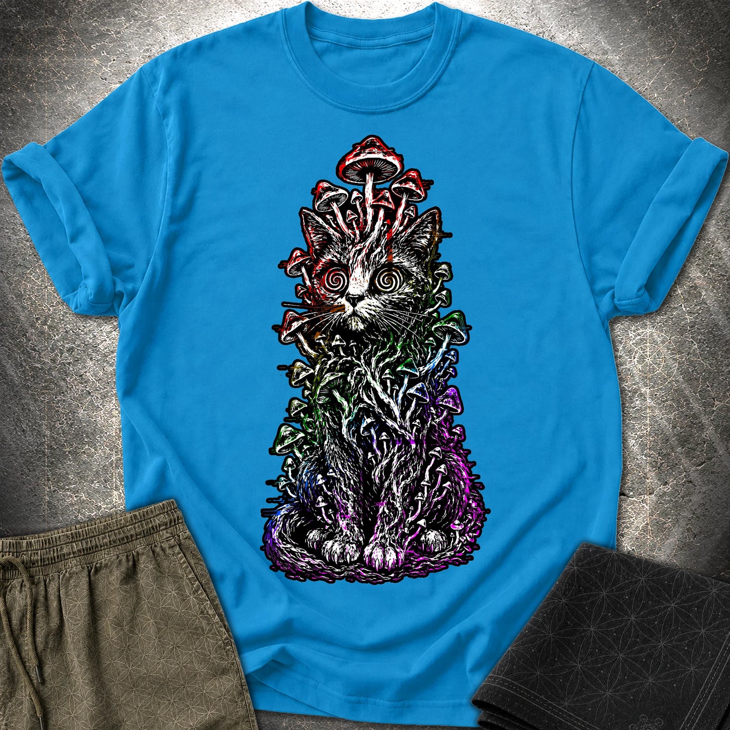 Trippy Mushroom Cat T-Shirt - Trippy Mushroom Cat T-Shirt - Sapphire