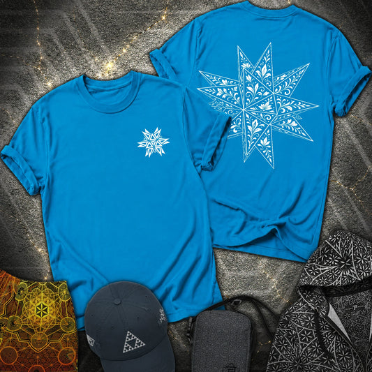 White Floral Stellated Dodecahedron 2 Sided T-Shirt - White Floral Stellated Dodecahedron 2 Sided T-Shirt - Sapphire