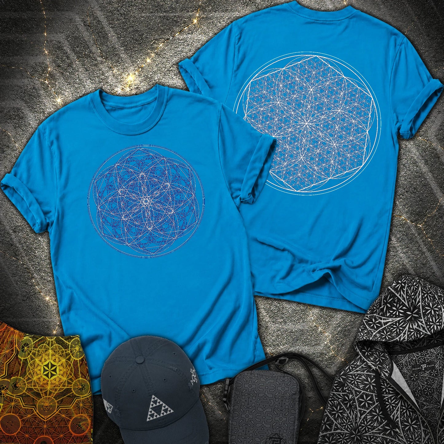 Sacred Flower Grids 2 Sided T-Shirt - Sacred Flower Grids 2 Sided T-Shirt - Sapphire