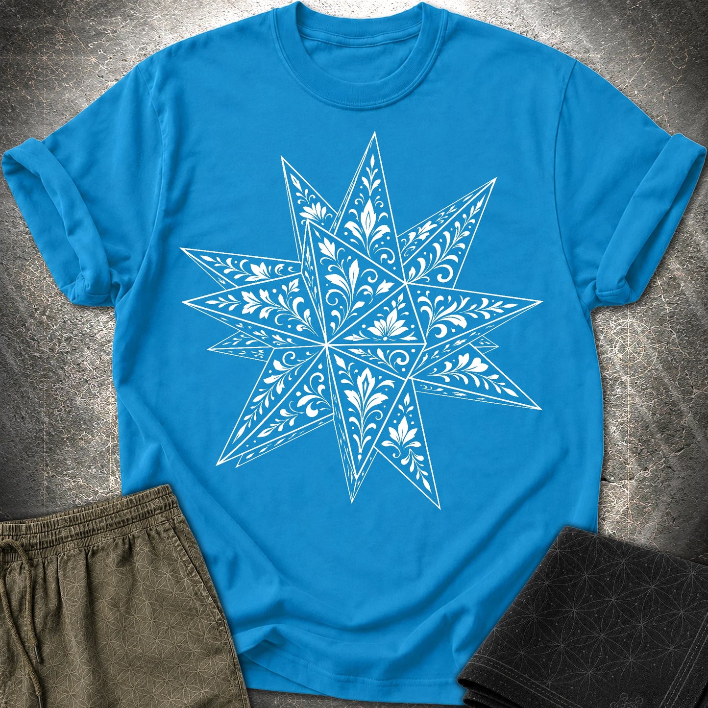 White Floral Stellated Dodecahedron - White Floral Stellated Dodecahedron T-Shirt - Sapphire