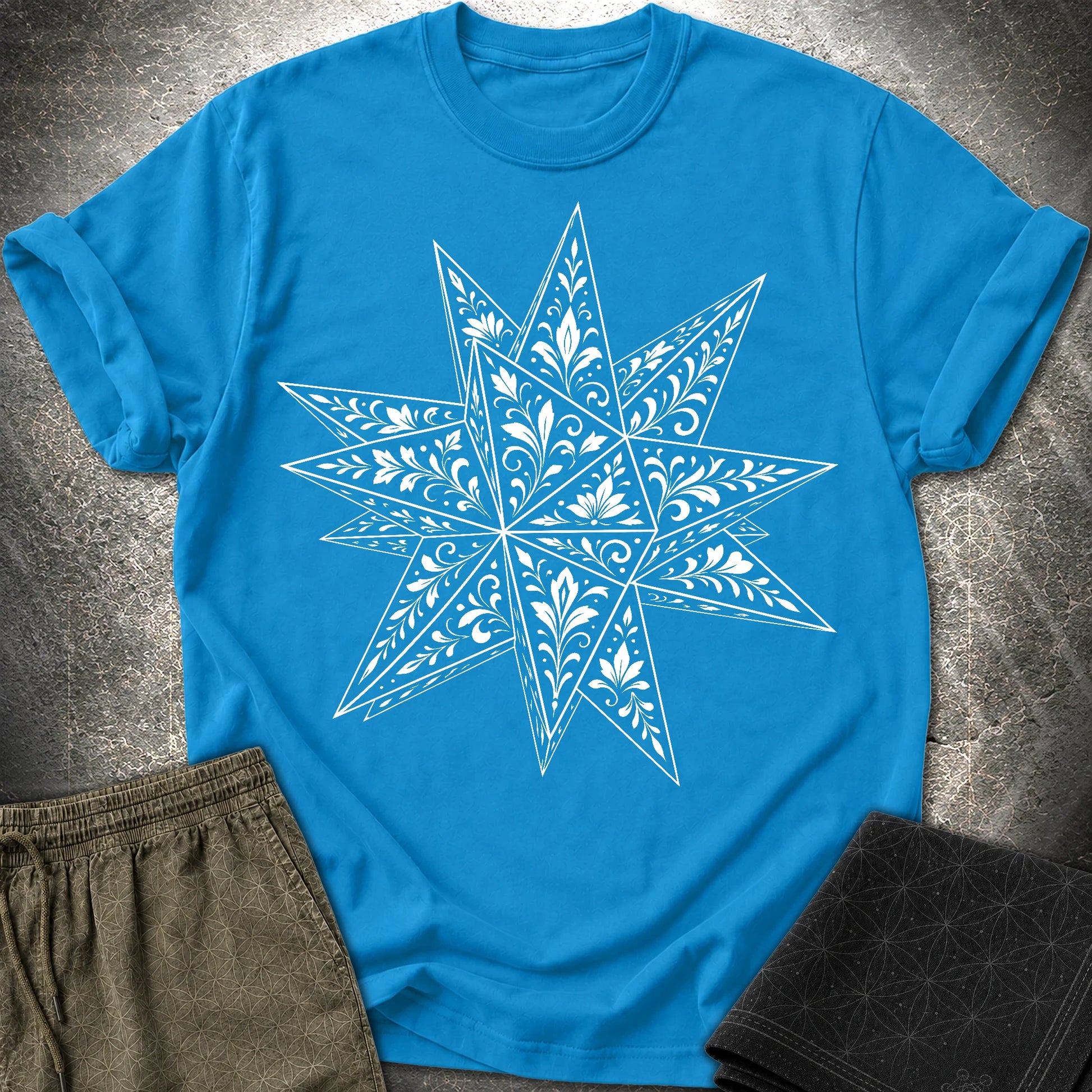 White Floral Stellated Dodecahedron - White Floral Stellated Dodecahedron T-Shirt - Sapphire