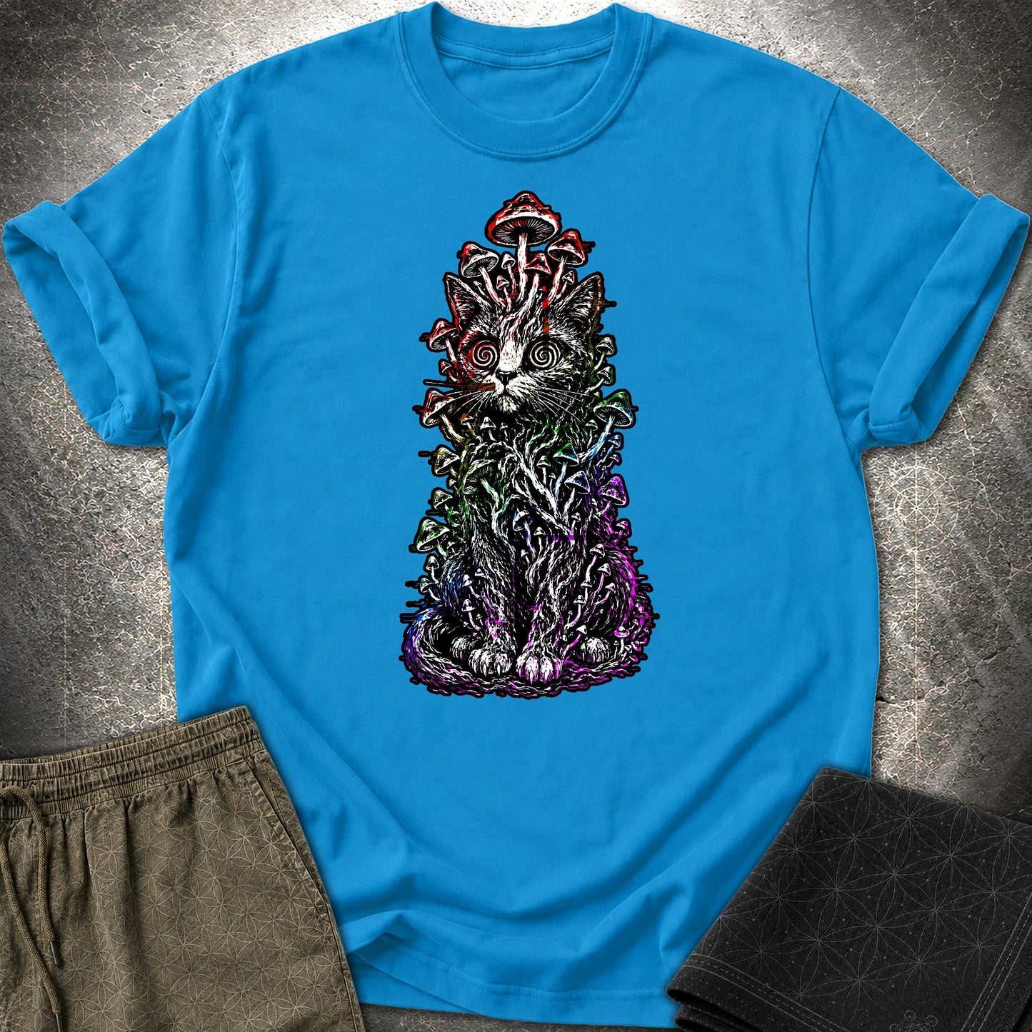 Trippy Mushroom Cat T-Shirt - Trippy Mushroom Cat T-Shirt - Sapphire