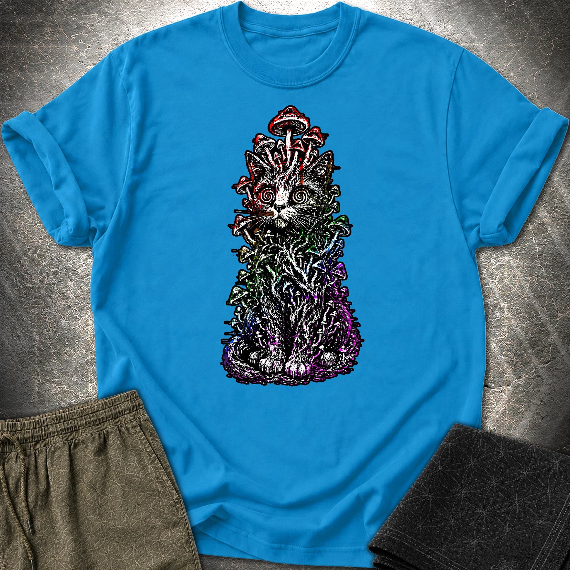 Trippy Mushroom Cat T-Shirt - Trippy Mushroom Cat T-Shirt - Sapphire