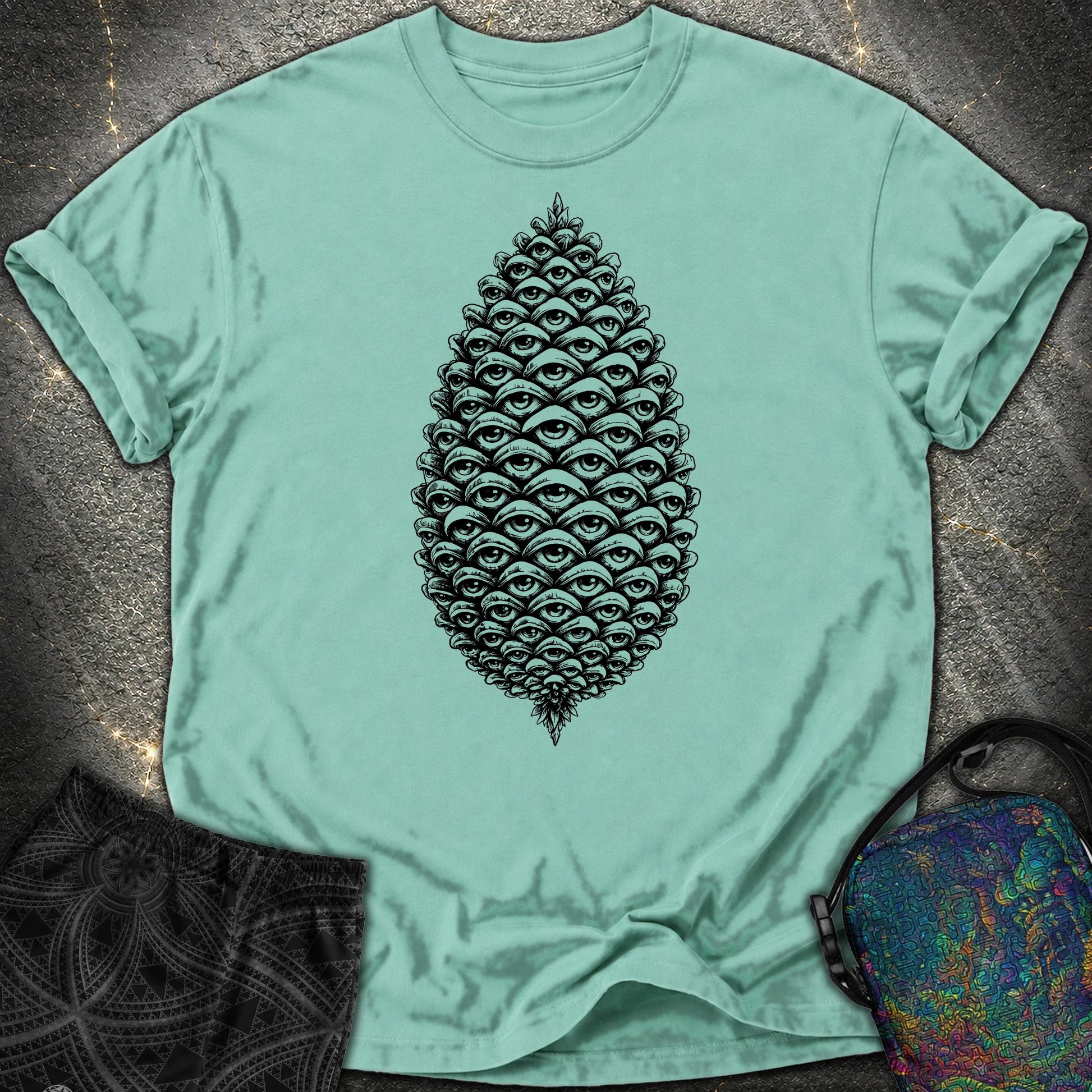 All Seeing Pinecone Black Comfort T-Shirt - All Seeing Pinecone Black Comfort T-Shirt - Seafoam