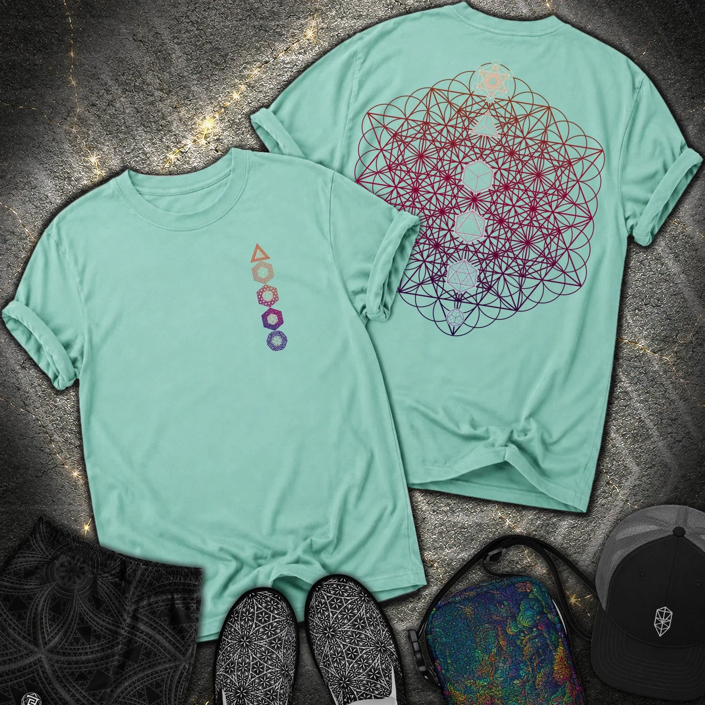 64 Tetrahedron Platonic Solids Metatron 2 Sided Comfort T-shirt - 64 Tetrahedron Platonic Solids Metatron 2 Sided Comfort T-shirt - Seafoam