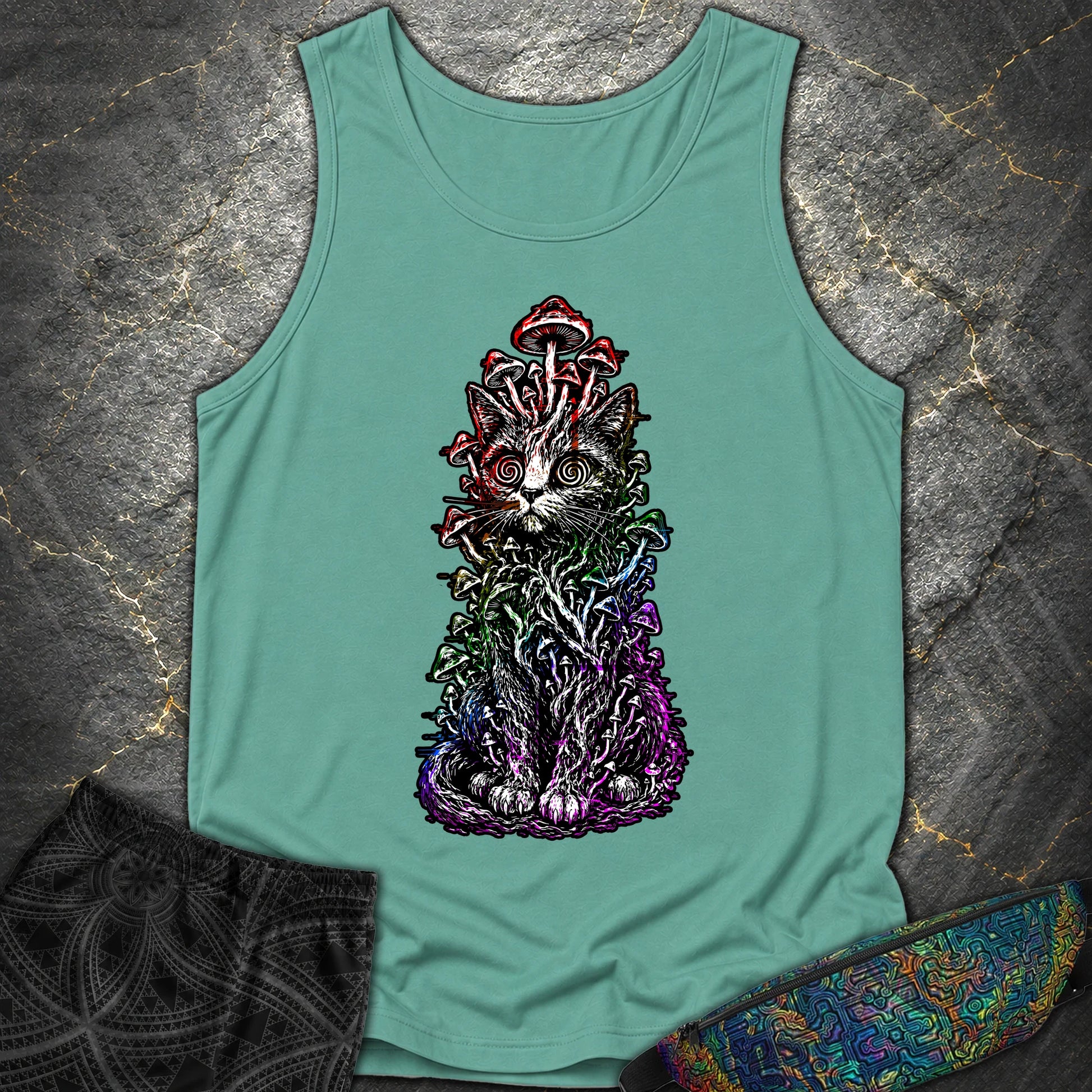 Trippy Mushroom Cat Comfort Tank - Trippy Mushroom Cat Comfort Tank - Seafoam