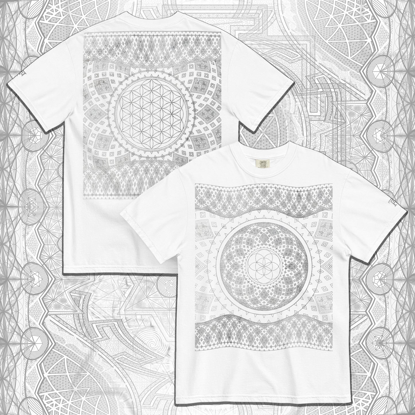 Silver Geometry Flower & Seed of Life Heavyweight Comfort T-Shirt