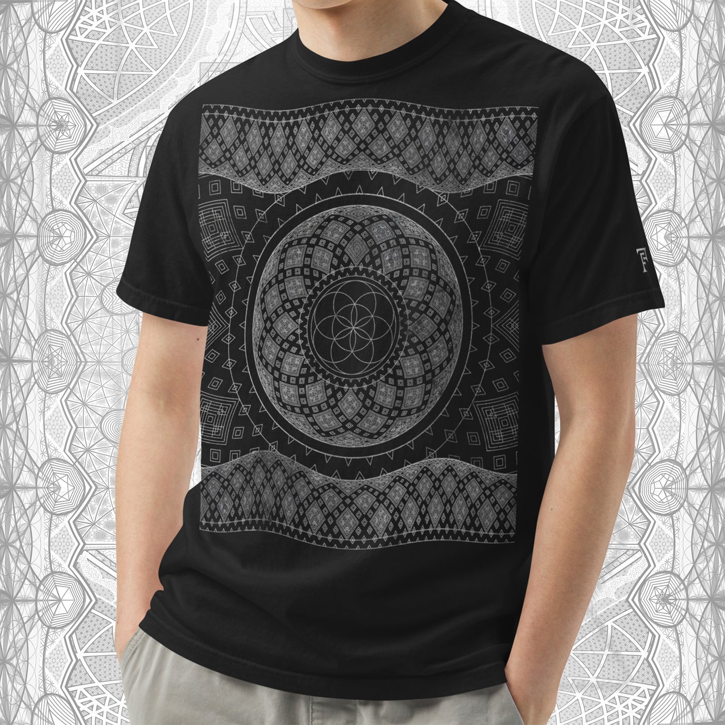 Silver Geometry Flower & Seed of Life Heavyweight Comfort T-Shirt