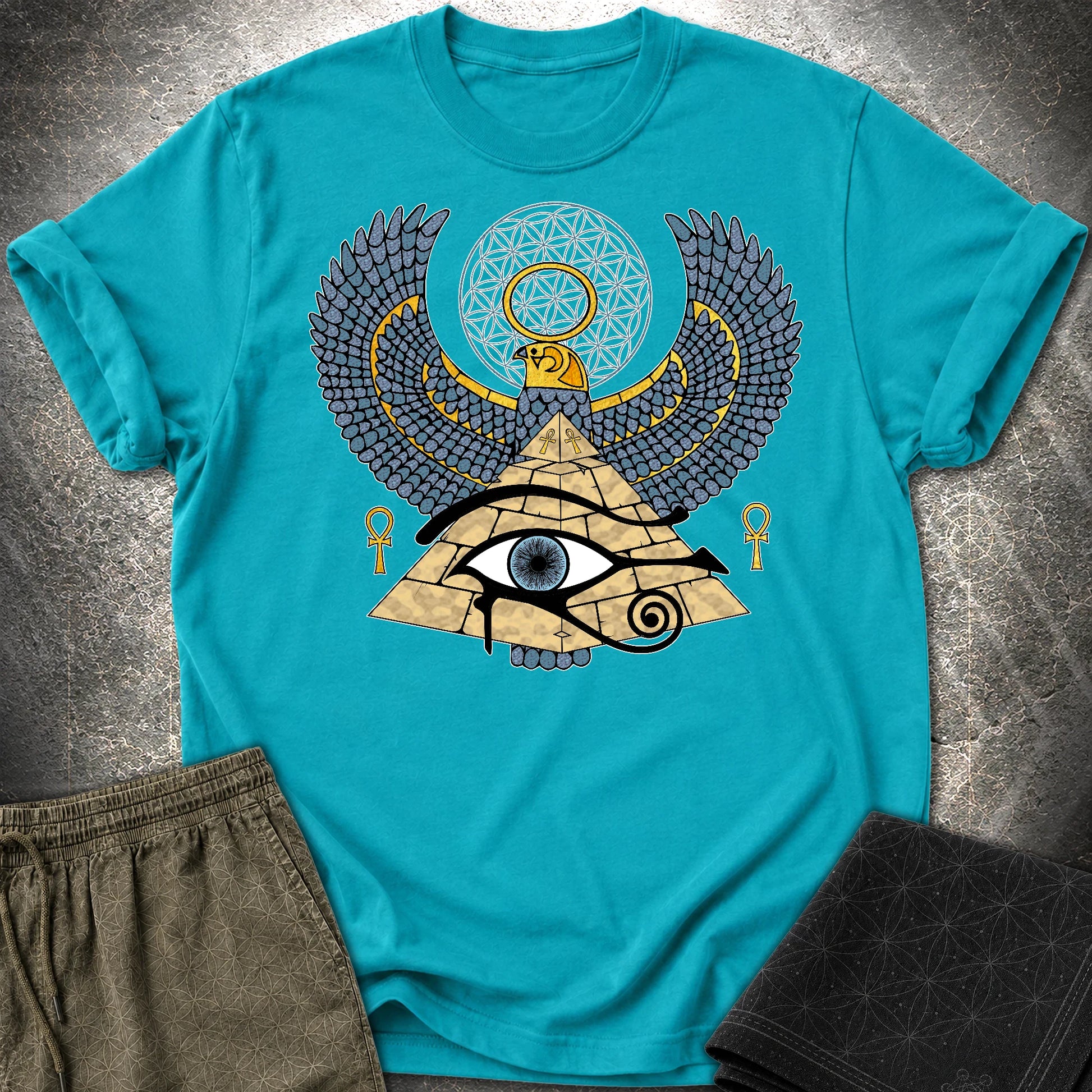 Horus Flower Of Life Egypt T-Shirt - Horus Flower Of Life Egypt T-Shirt - Tropical Blue