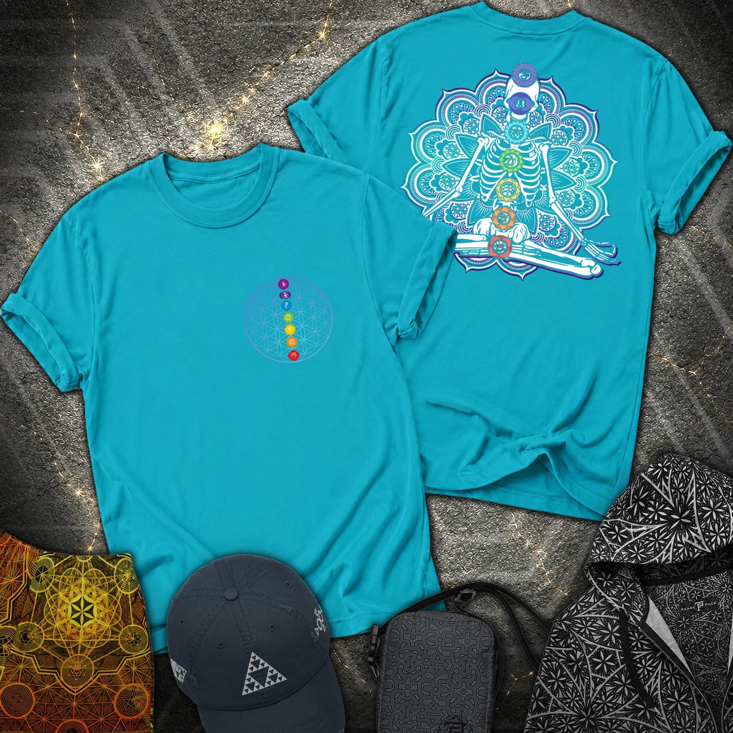We Are One Meditating Skeleton 2 Sided T-Shirt - We Are One Meditating Skeleton 2 Sided T-Shirt - Tropical Blue