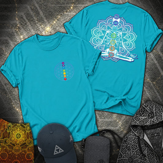 We Are One Meditating Skeleton 2 Sided T-Shirt - We Are One Meditating Skeleton 2 Sided T-Shirt - Tropical Blue