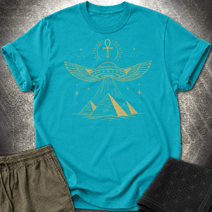 Winged Starship Over the Pyramids - Winged Starship Over the Pyramids T-Shirt - Tropical Blue