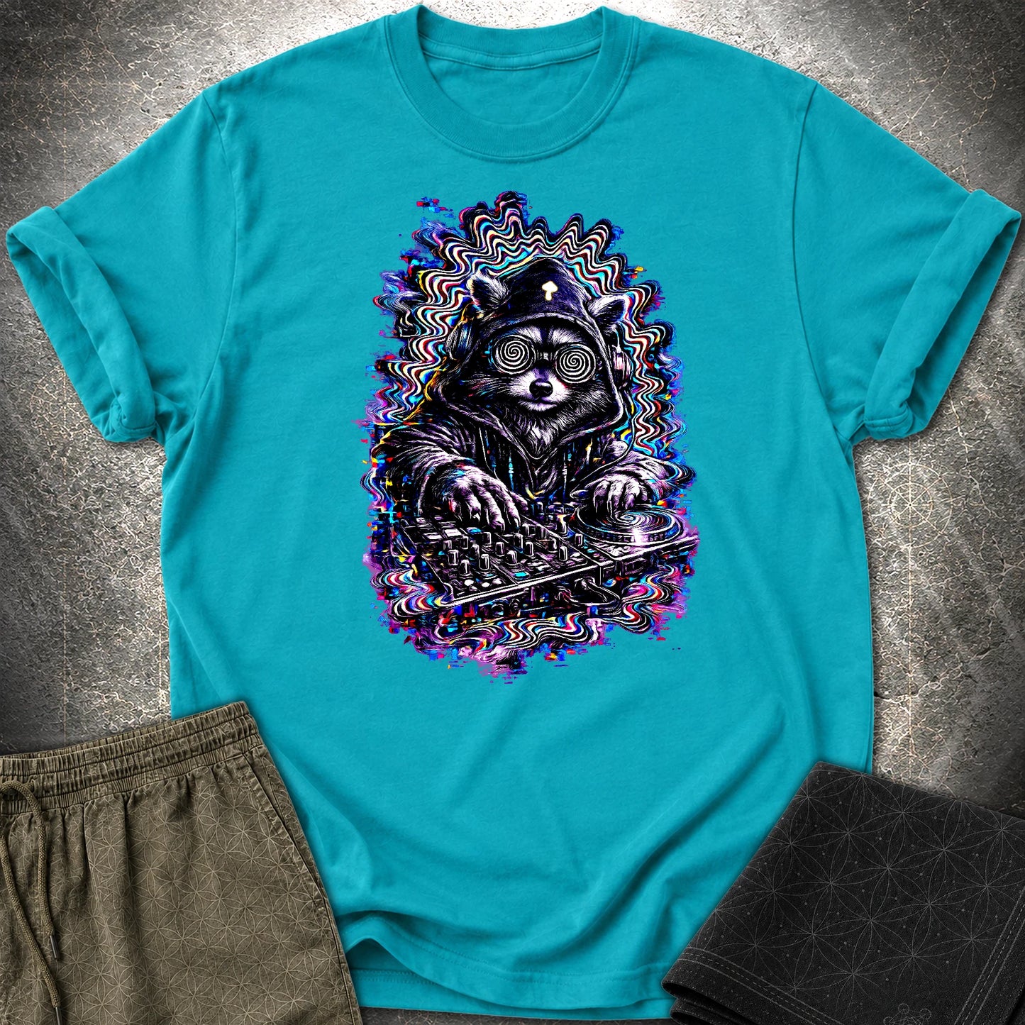 Psychedelic Raccoon DJ T-Shirt, Glitch Rave Animal Shirt, Trippy Festival Graphic Tee - Psychedelic Raccoon DJ T-Shirt, Glitch Rave Animal Shirt, Trippy Festival Graphic Tee - Tropical Blue