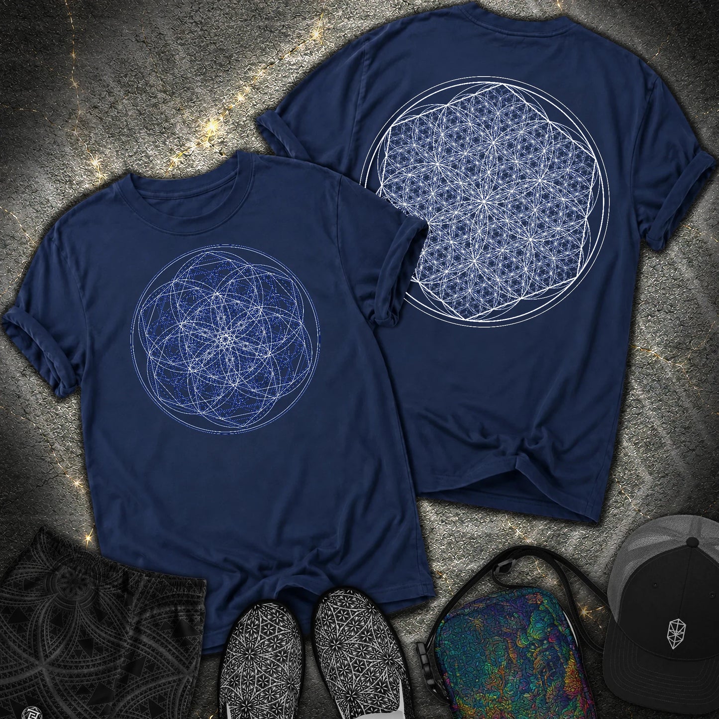Sacred Flower Grids 2 Sided Comfort T-Shirt - Sacred Flower Grids 2 Sided Comfort T-Shirt - True Navy