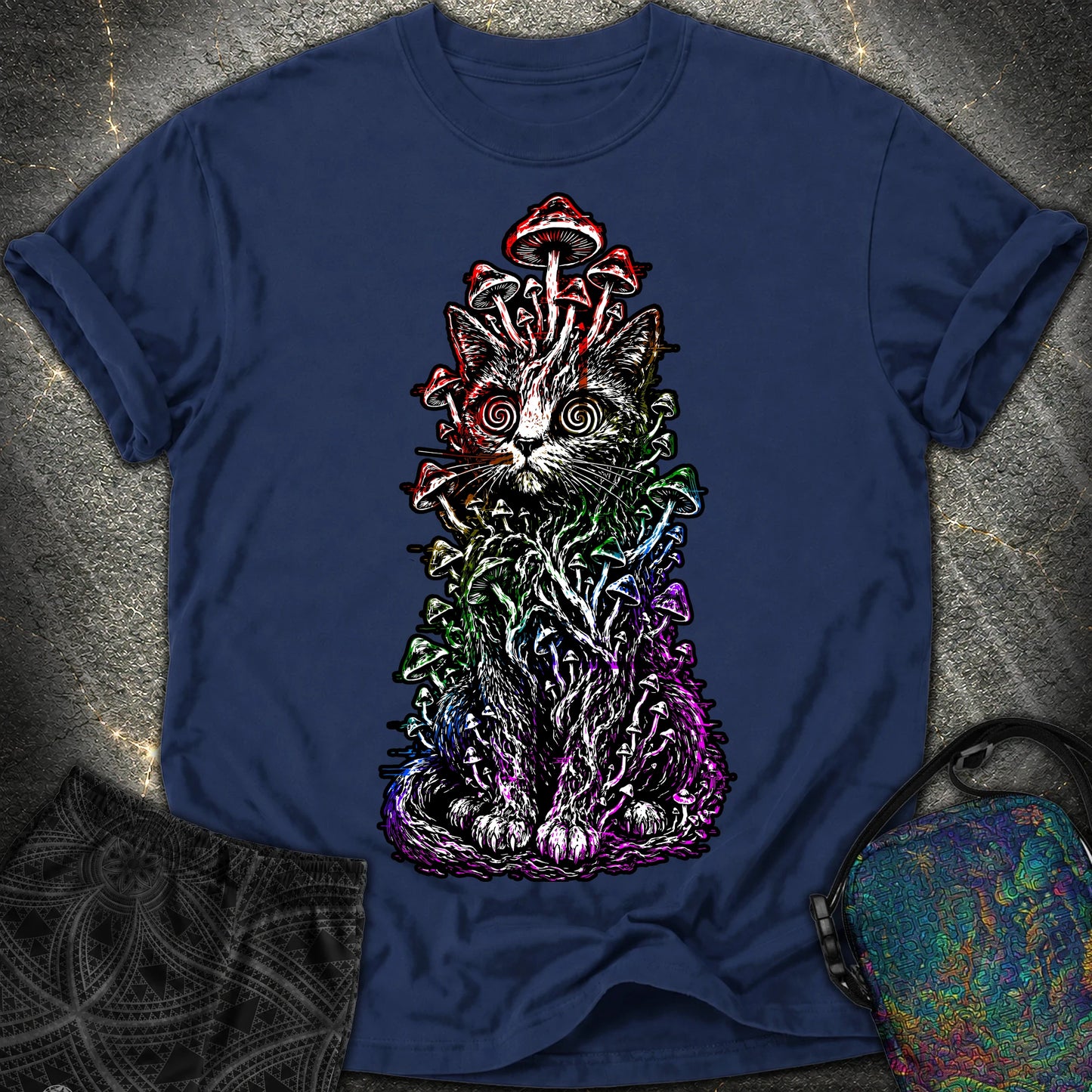 Trippy Mushroom Cat Comfort T-Shirt - Trippy Mushroom Cat Comfort T-Shirt - True Navy