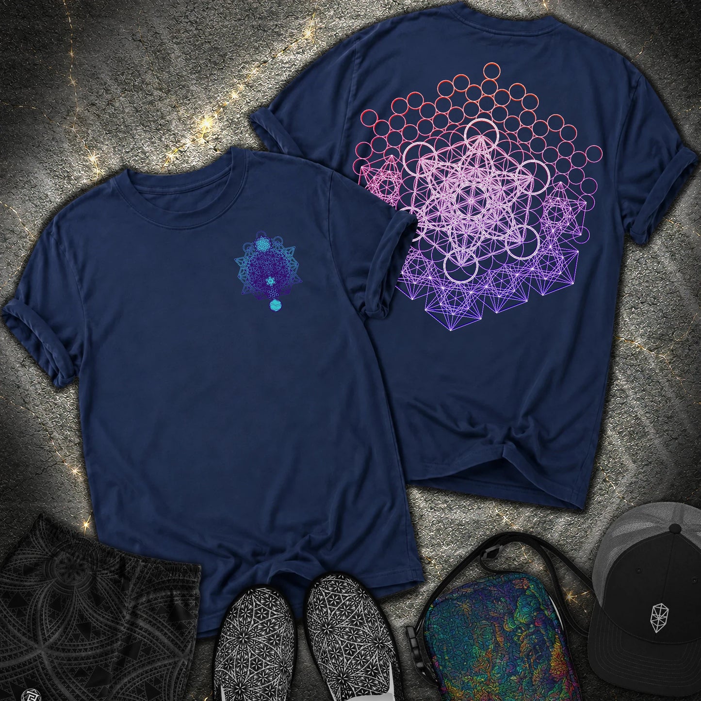 Metatron And Flower Connection 2 Sided Comfort T-Shirt - Metatron And Flower Connection Comfort 2 Sided T-Shirt - True Navy